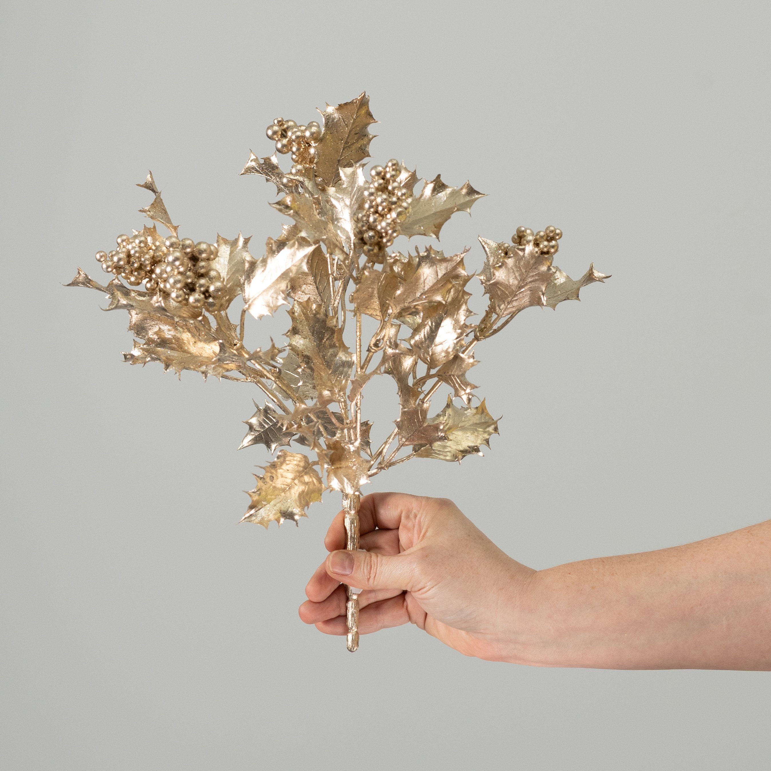 12" Holly Leaves & Berries Bush: Champagne Gold detail photo 3