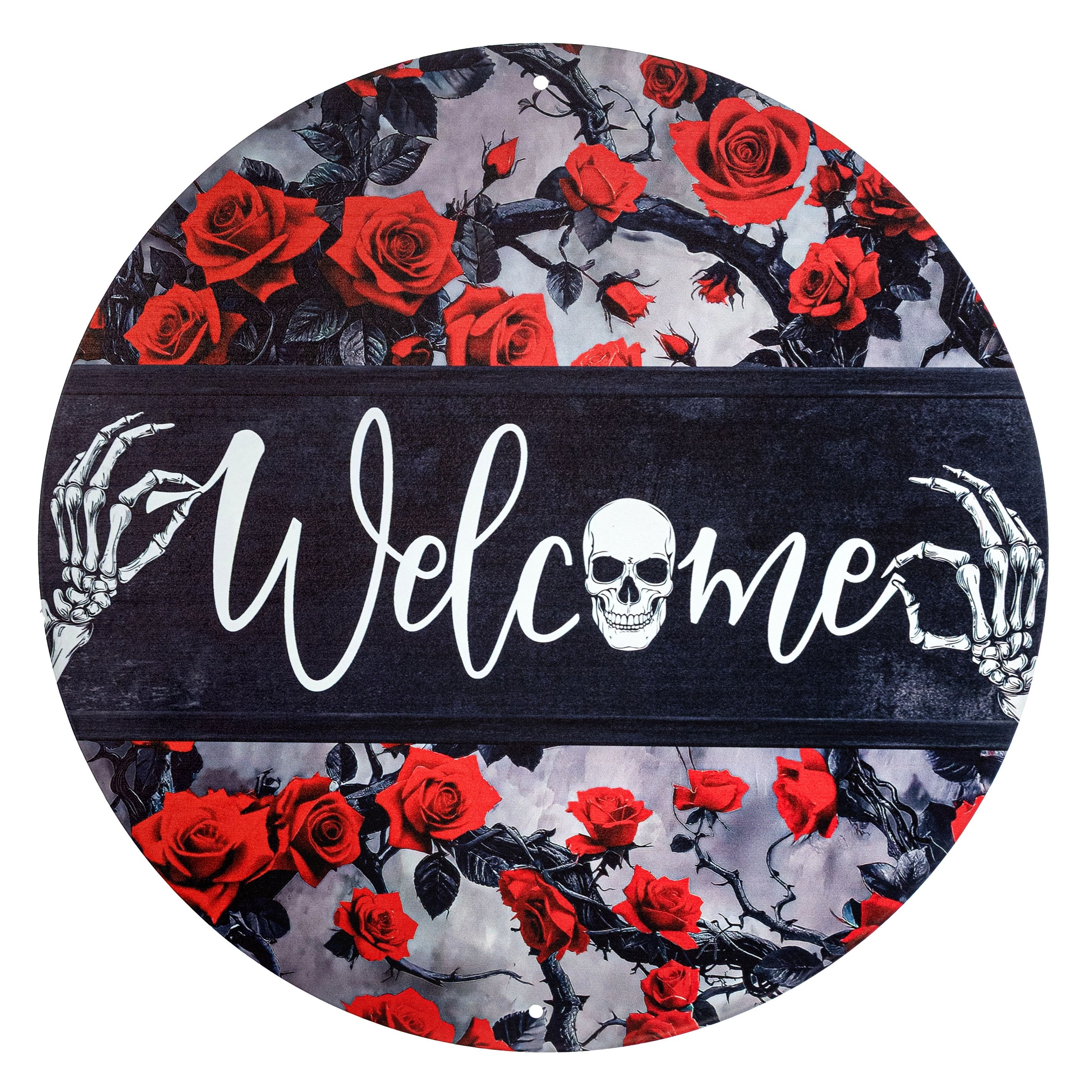 12" Round Metal Sign: Black & Red Roses Welcome Skeleton
