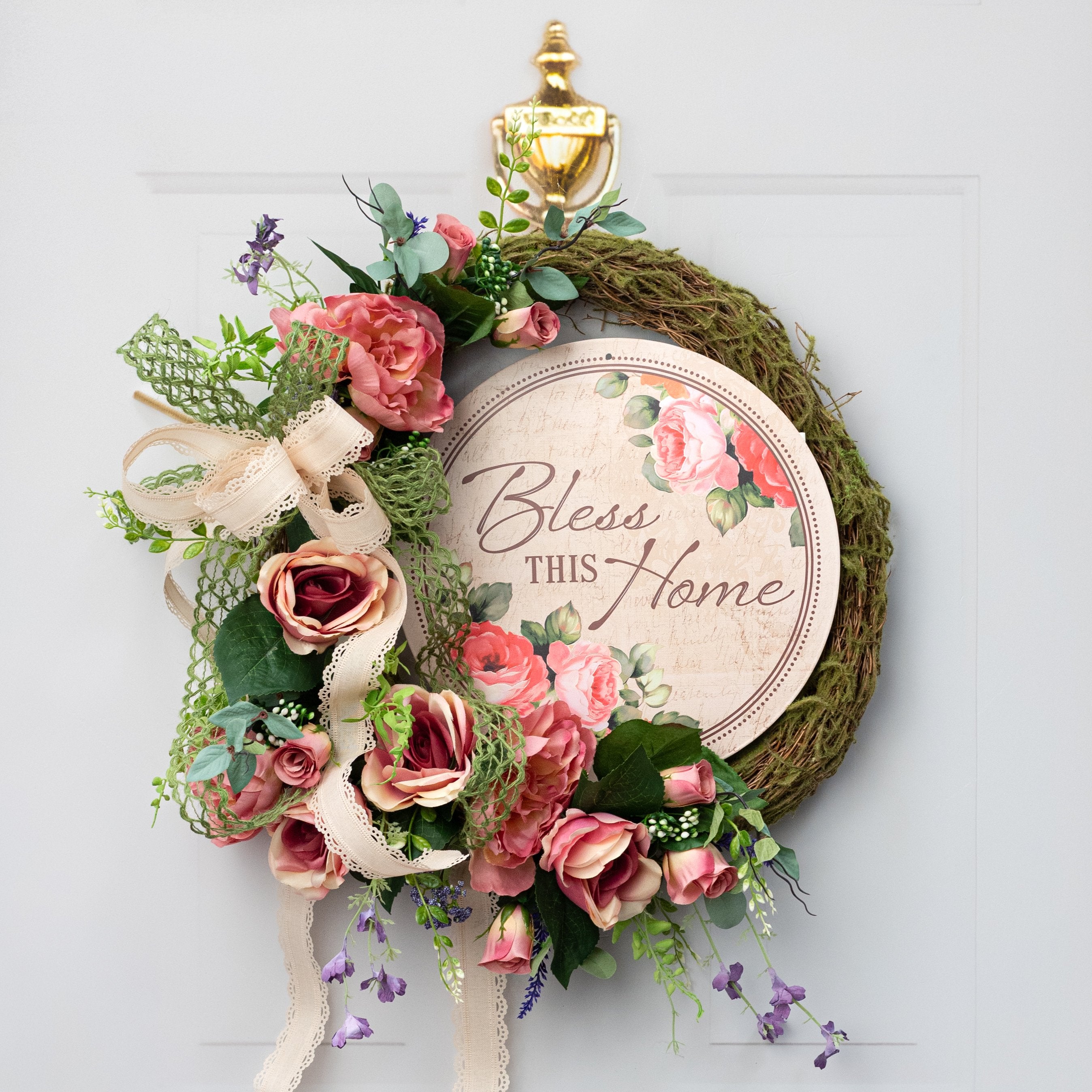 12" Round Metal Sign: Bless This Home Floral Lifestyle Photo