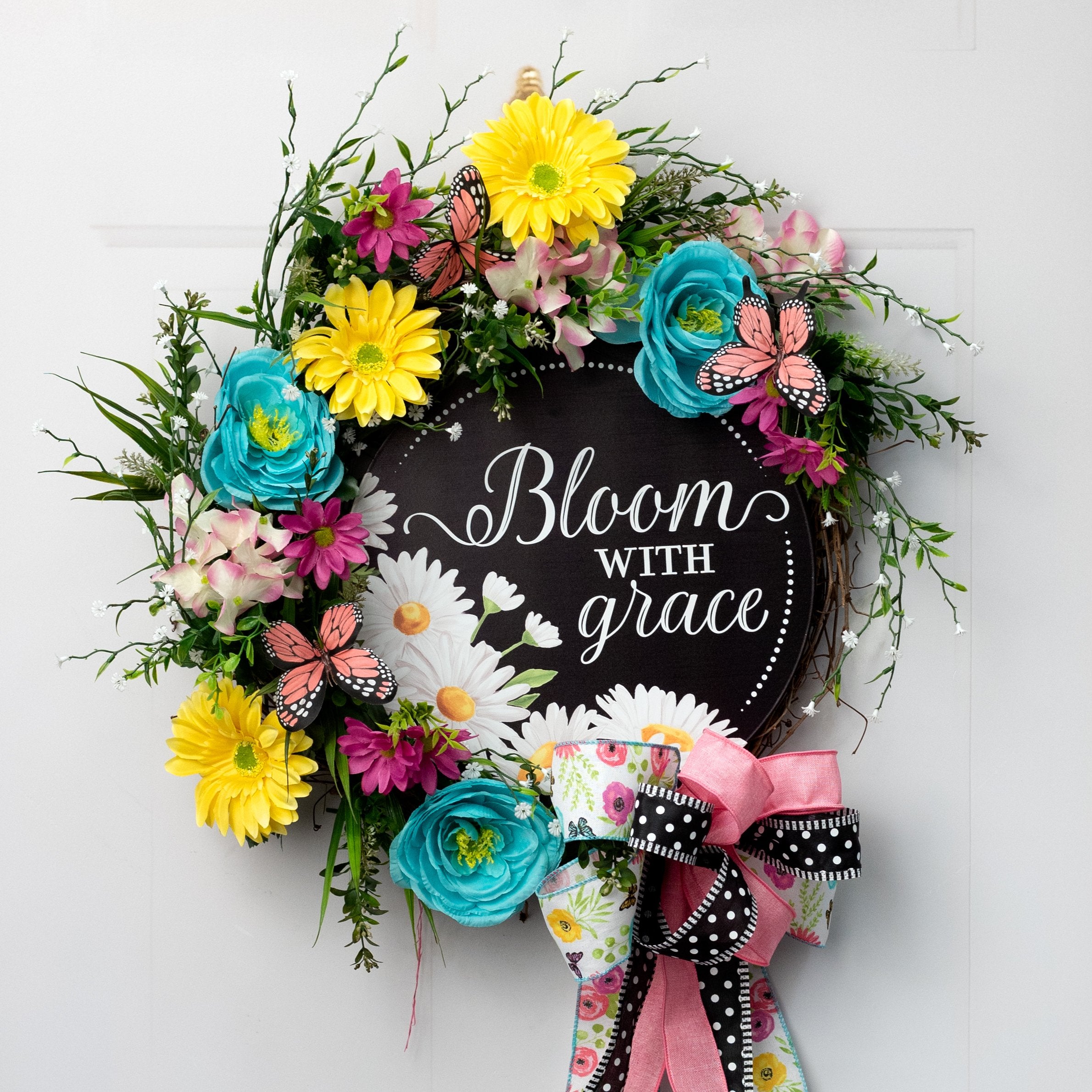 12" Round Metal Sign: Bloom With Grace Daisies Lifestyle Photo