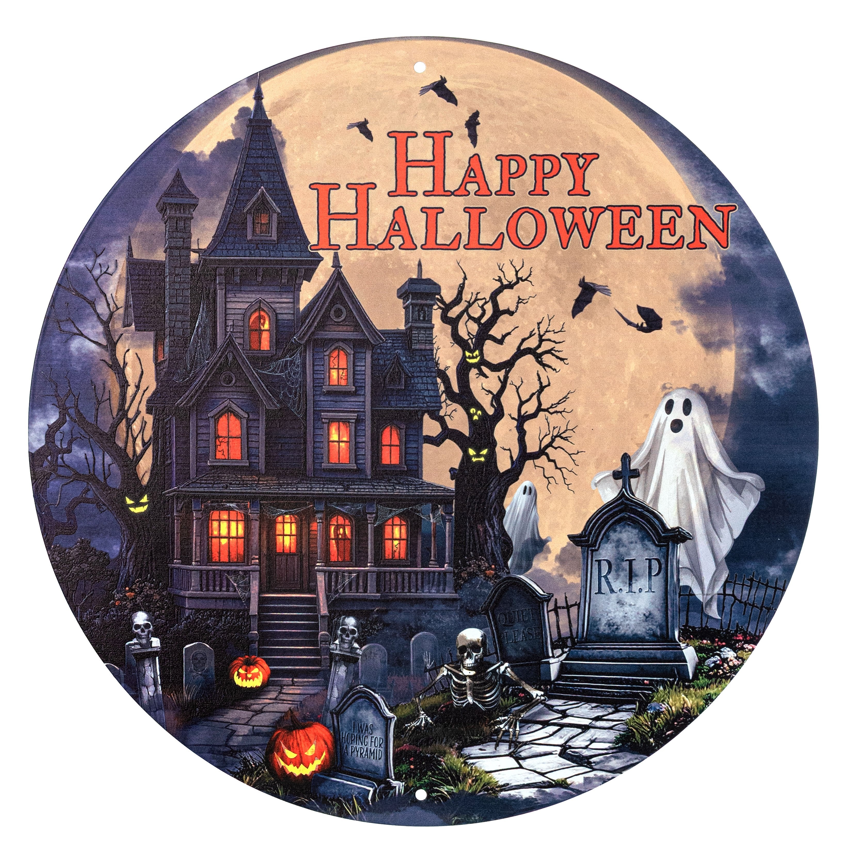 12" Round Metal Sign: Happy Halloween Haunted House Item Number: MD1799