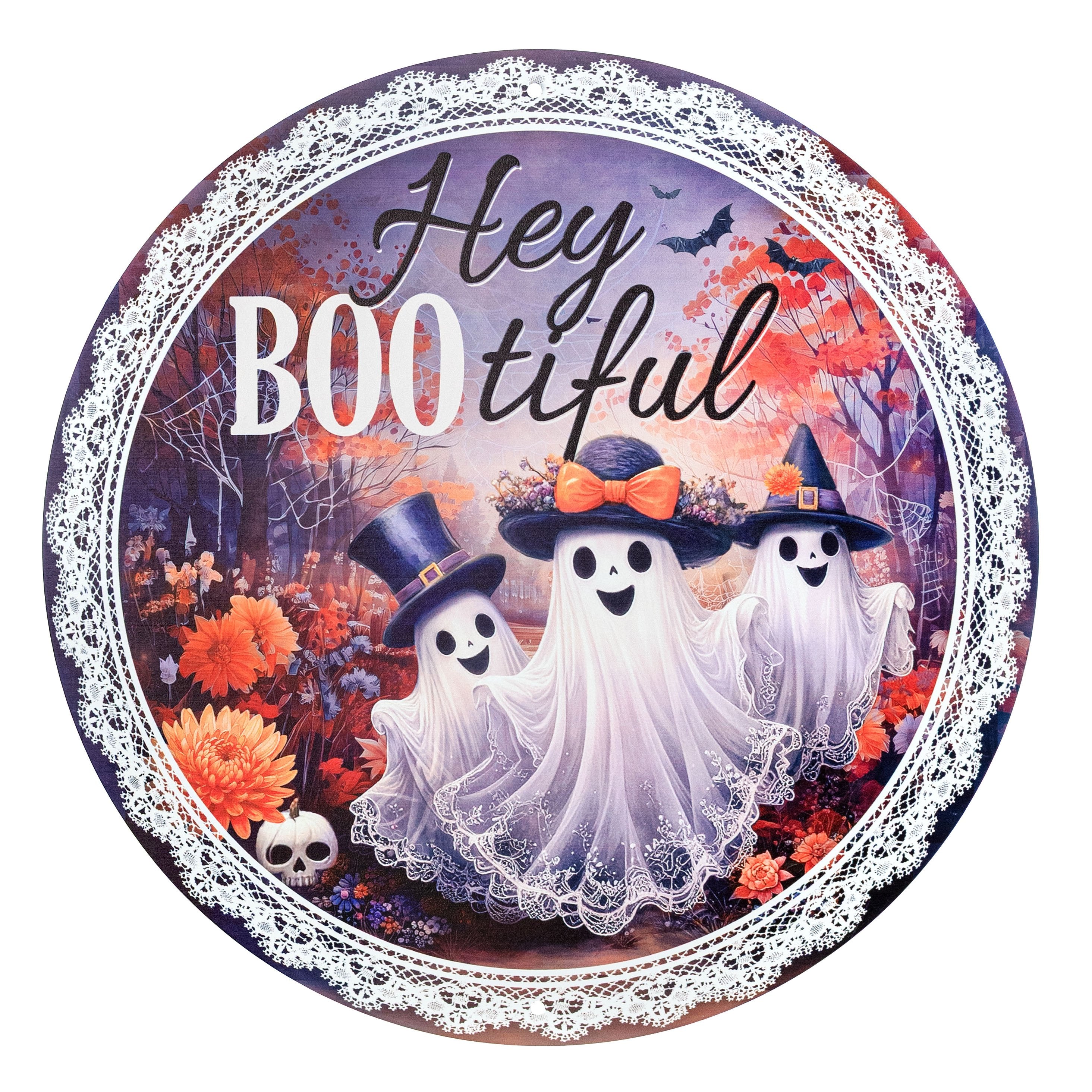 12" Round Metal Sign: Hey Boo-tiful Fancy Ghosts Orange Item Number: MD1895M3