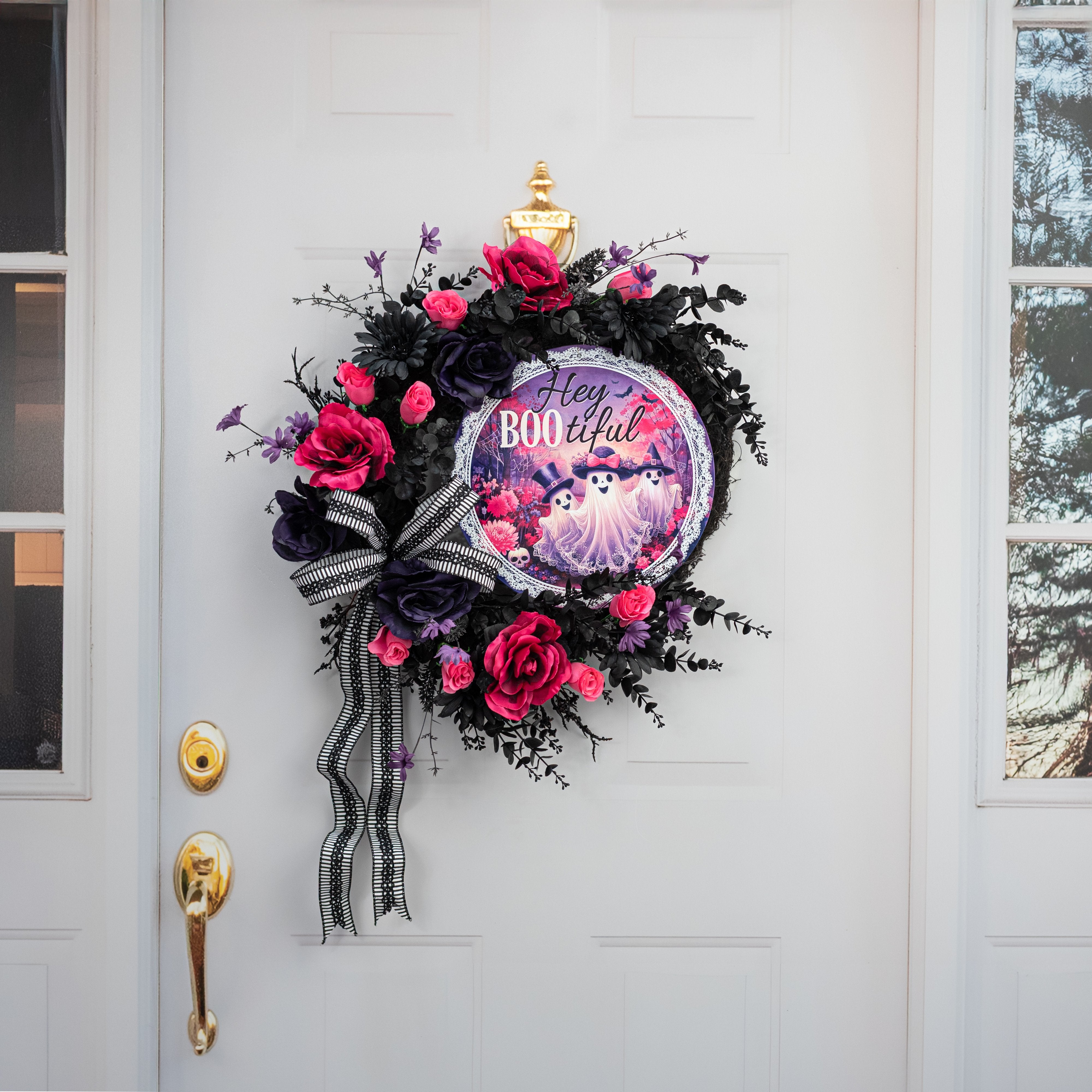 12" Round Metal Sign: Hey Boo-tiful Fancy Ghosts Pink detail photo 4