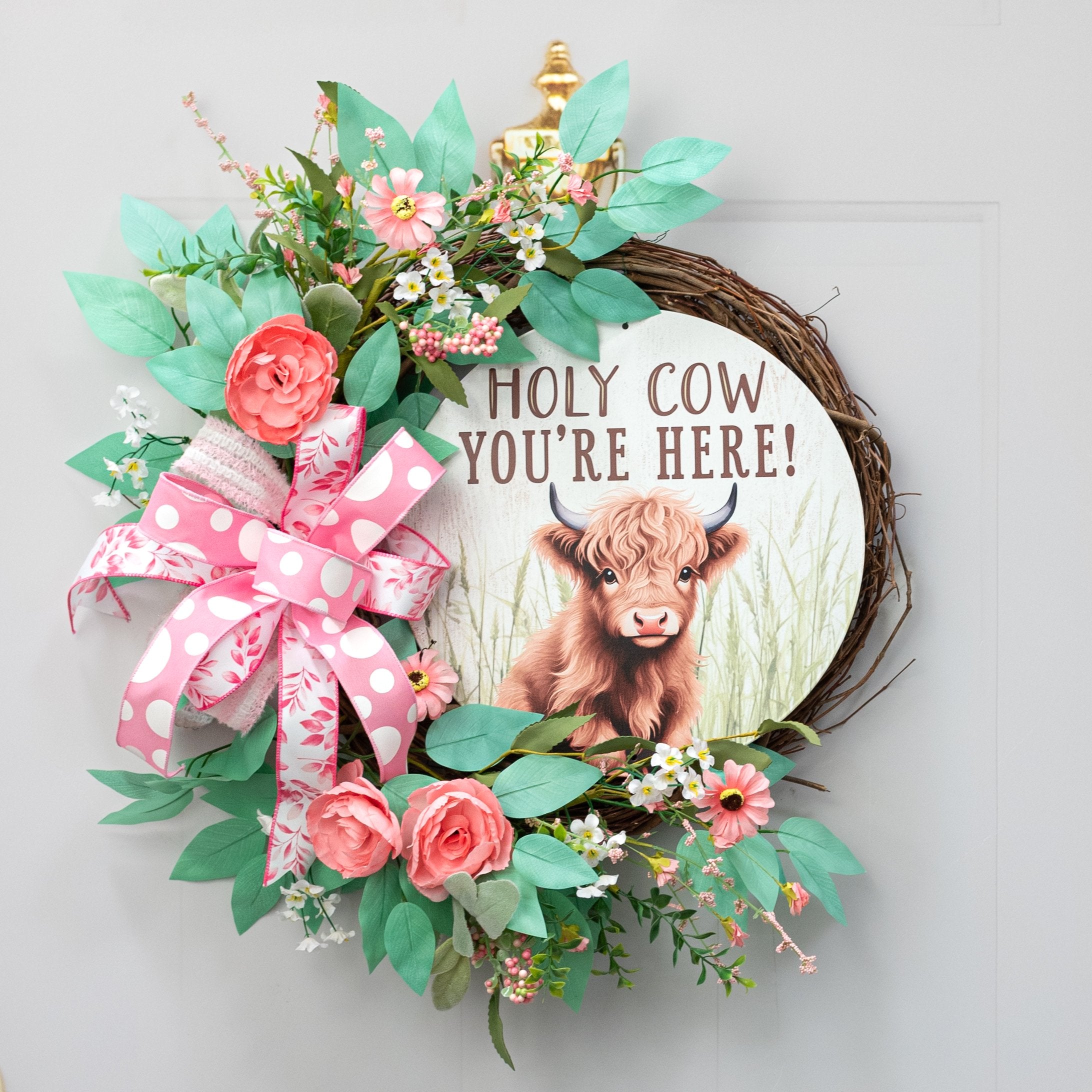 12" Round Metal Sign: Holy Highland Cow You're Here Lifestyle Photo