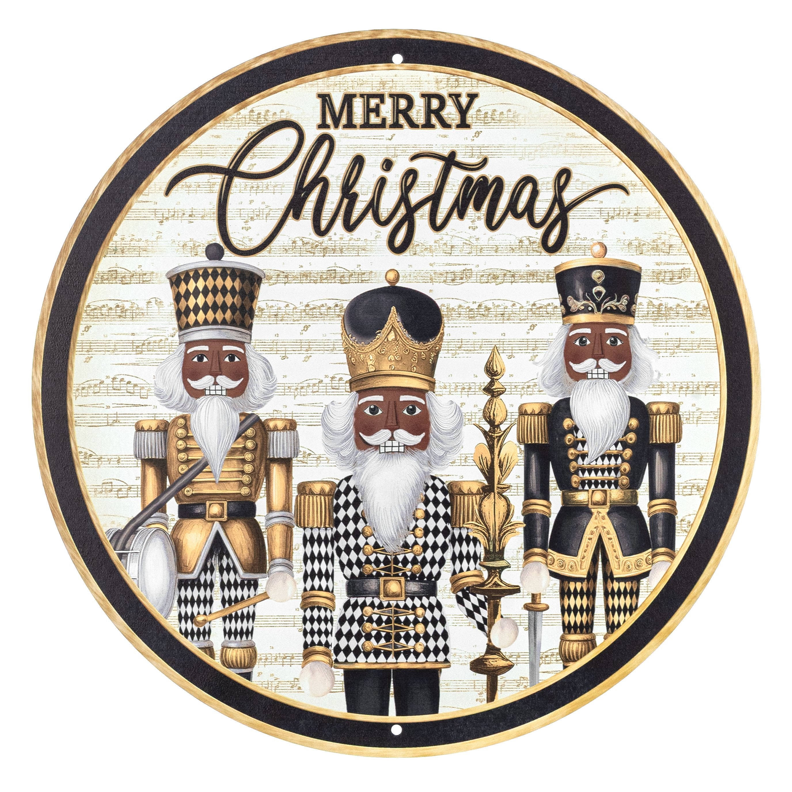 12" Round Metal Sign: Merry Christmas Brown Harlequin Nutcrackers Item Number: MD177502