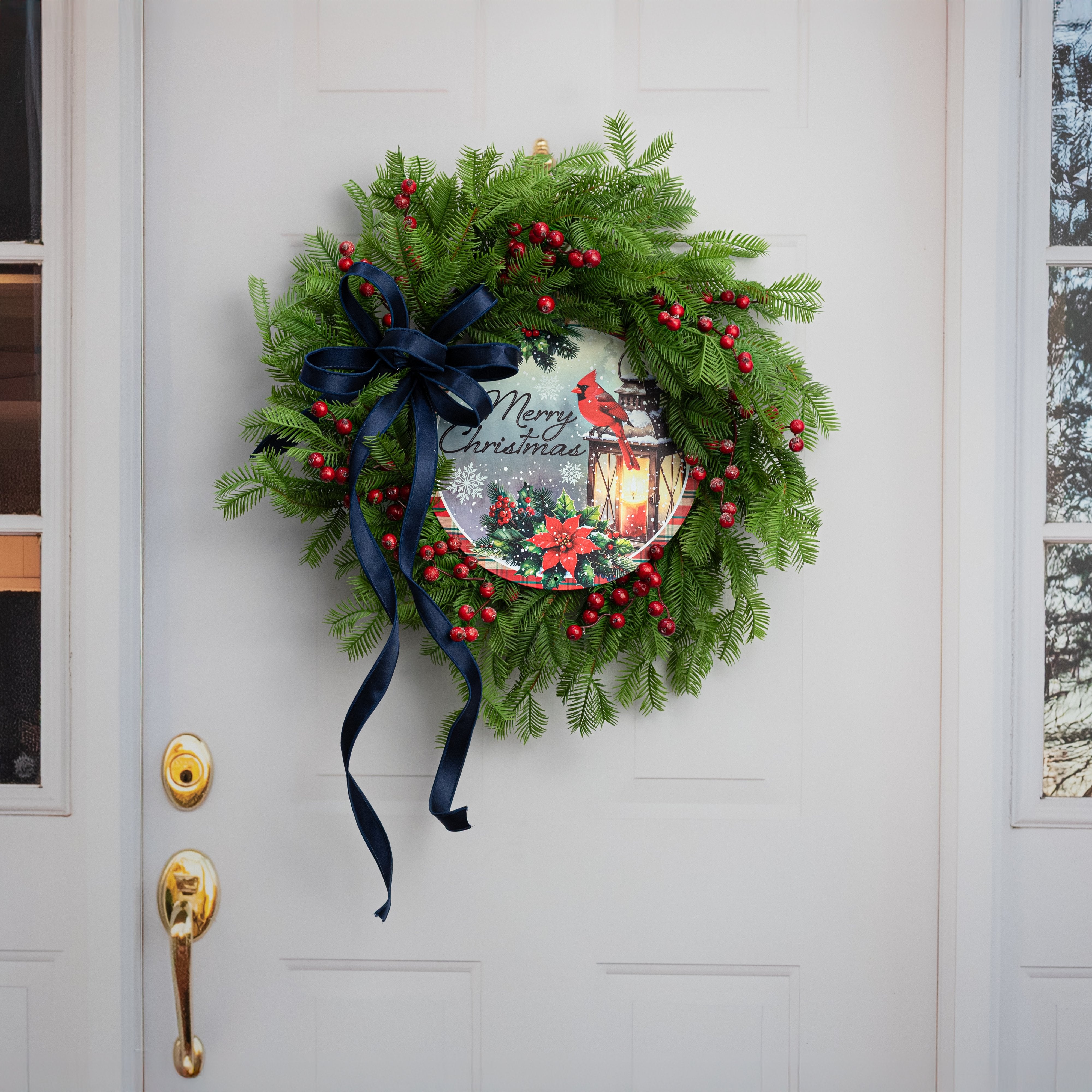 12" Round Metal Sign: Merry Christmas Cardinal Lantern detail photo 4
