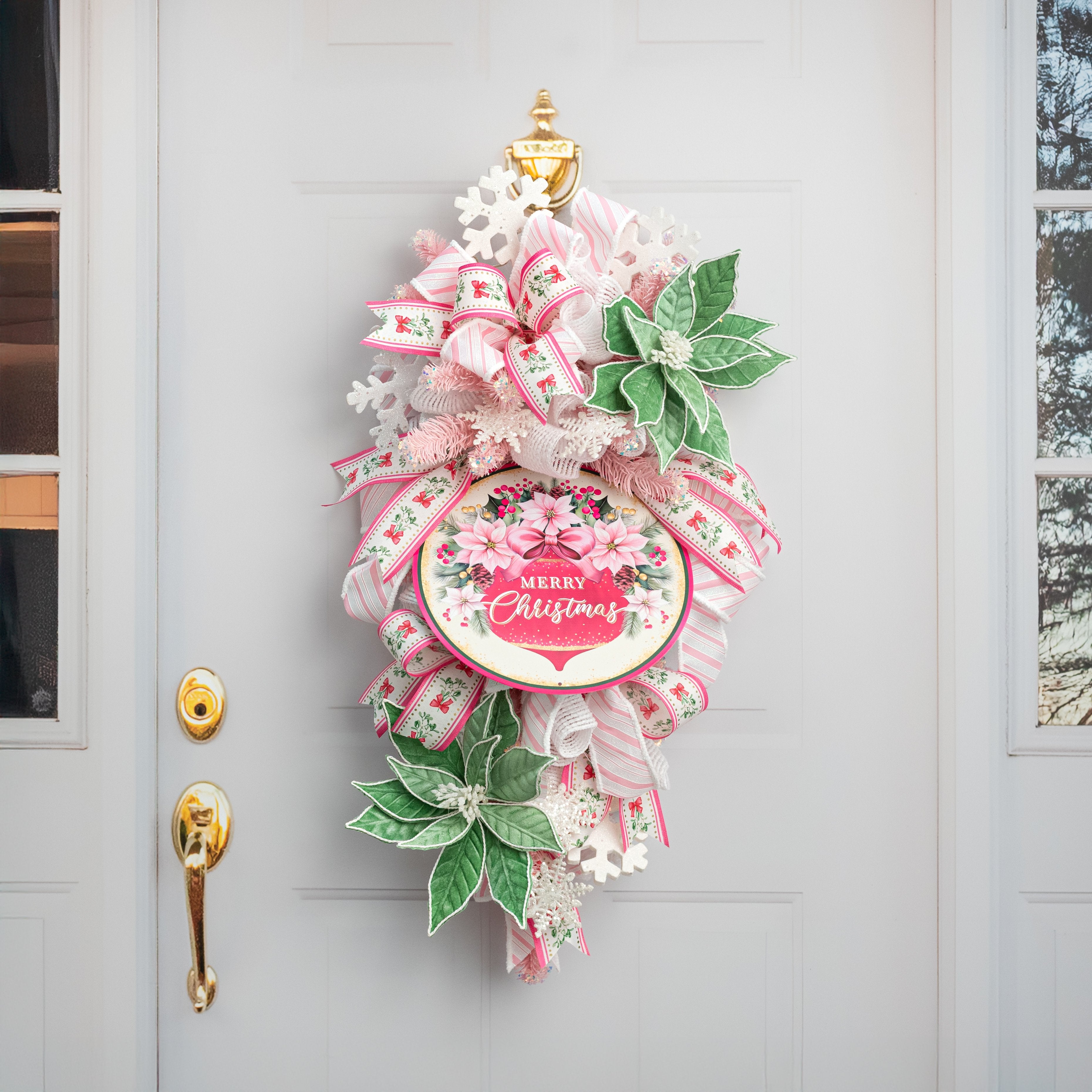 12" Round Metal Sign: Merry Christmas Ornament & Pink Poinsettias detail photo 4
