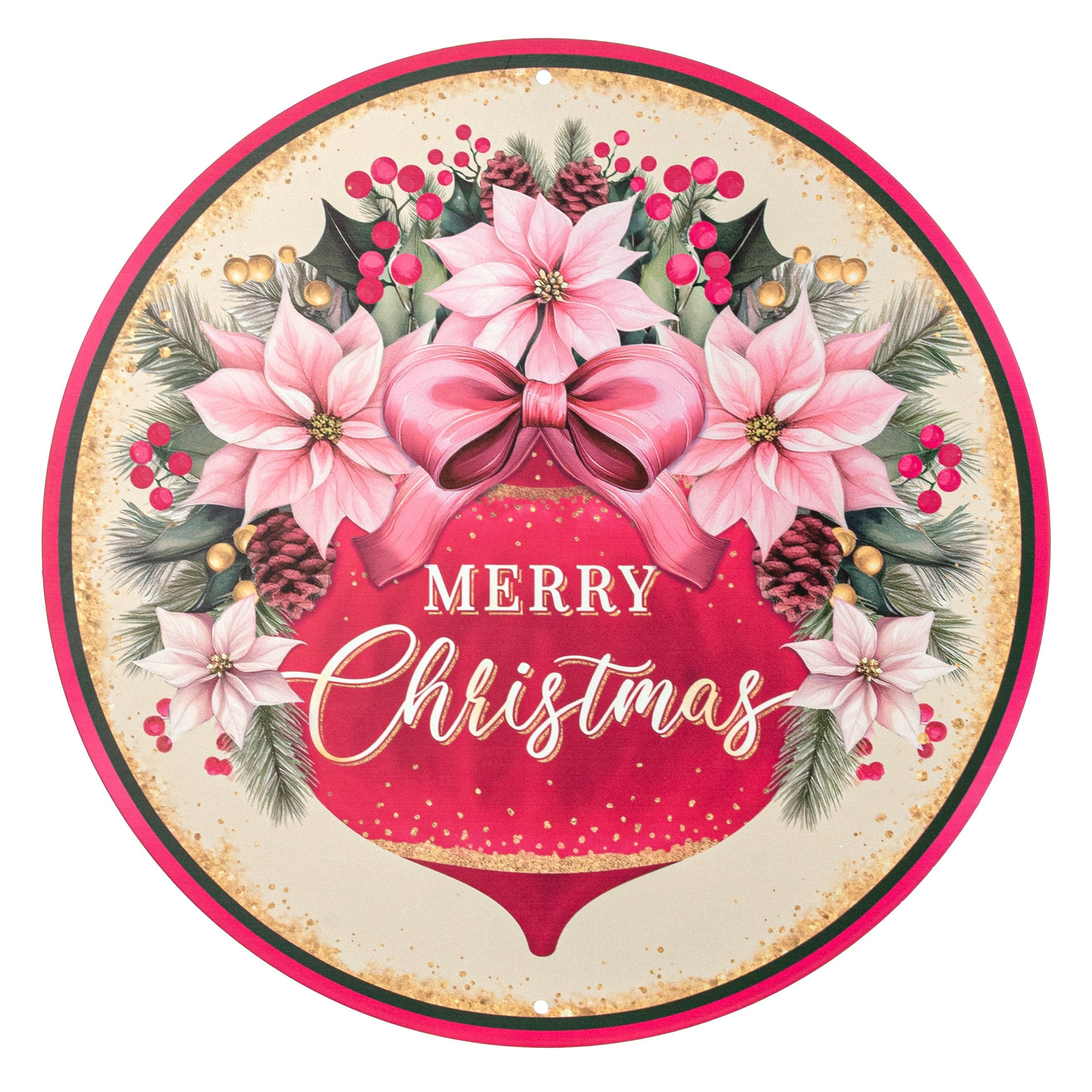 12" Round Metal Sign: Merry Christmas Ornament & Pink Poinsettias Item Number: MD1819J1