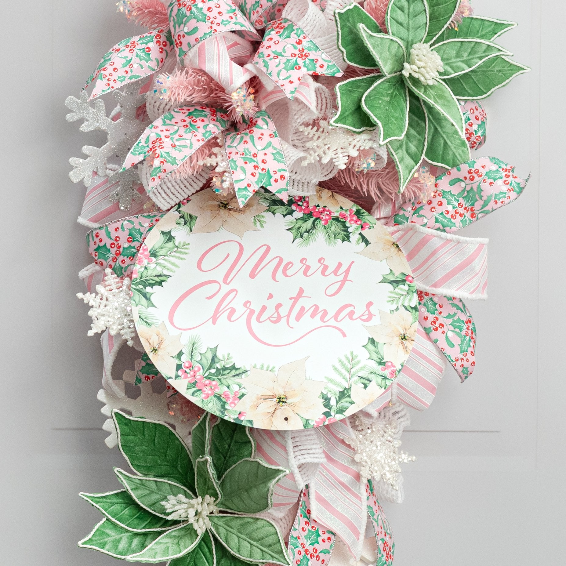 12" Round Metal Sign: Pink Merry Christmas Holly Lifestyle Photo