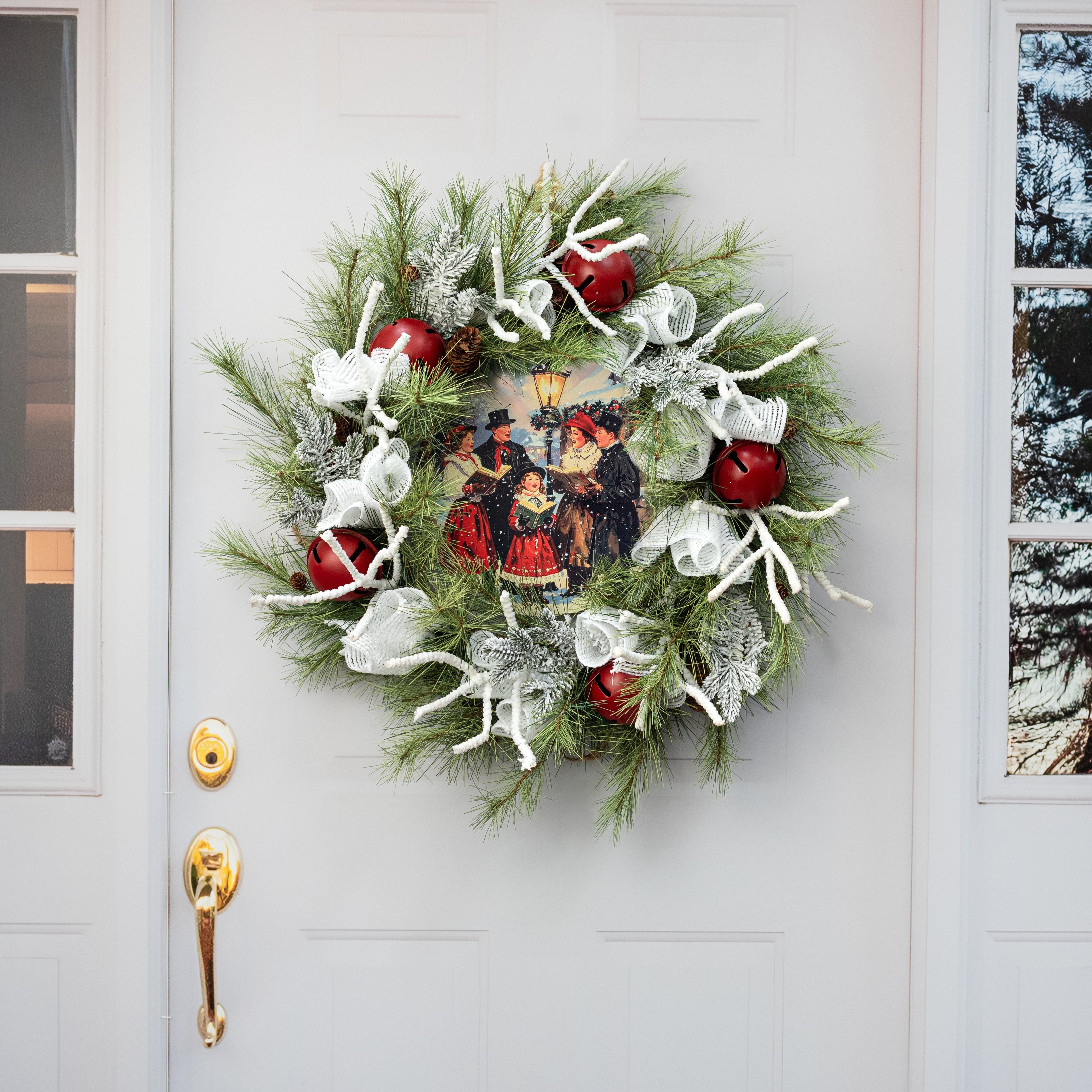 12" Round Metal Sign: Snowy Christmas Carolers detail photo 4
