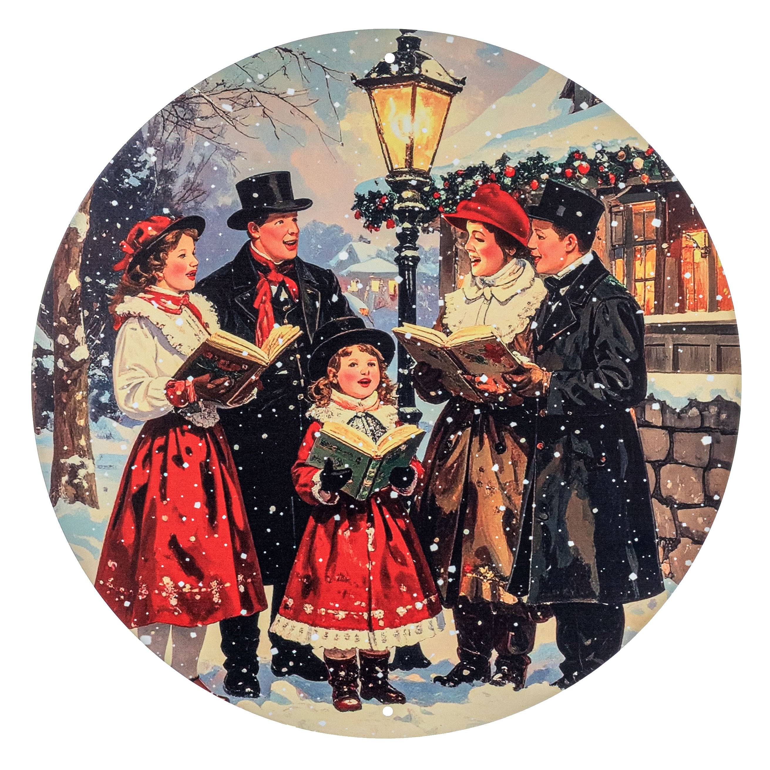 12" Round Metal Sign: Snowy Christmas Carolers Item Number: MD1797