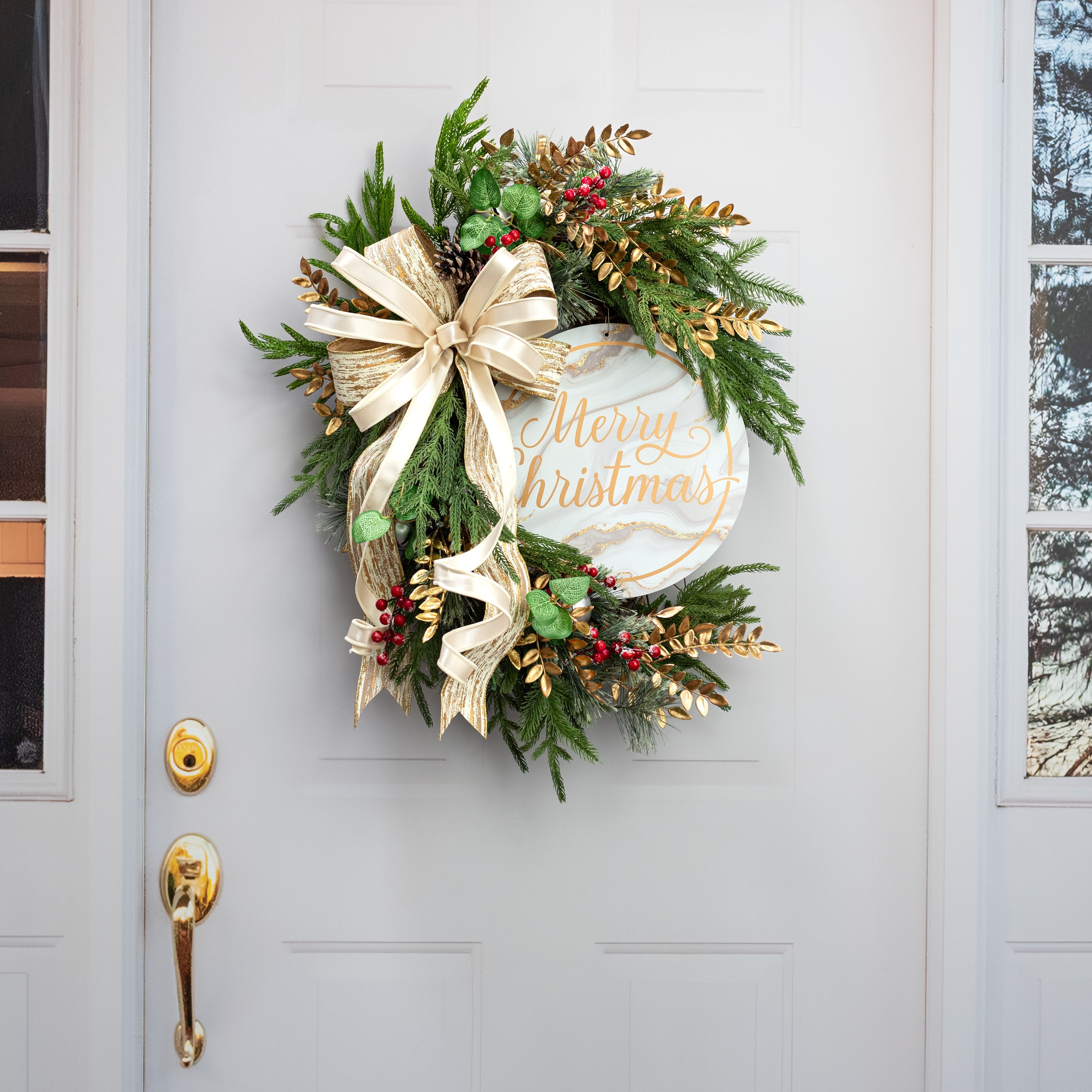 12" Round Metal Sign: White & Gold Marble Merry Christmas detail photo 4