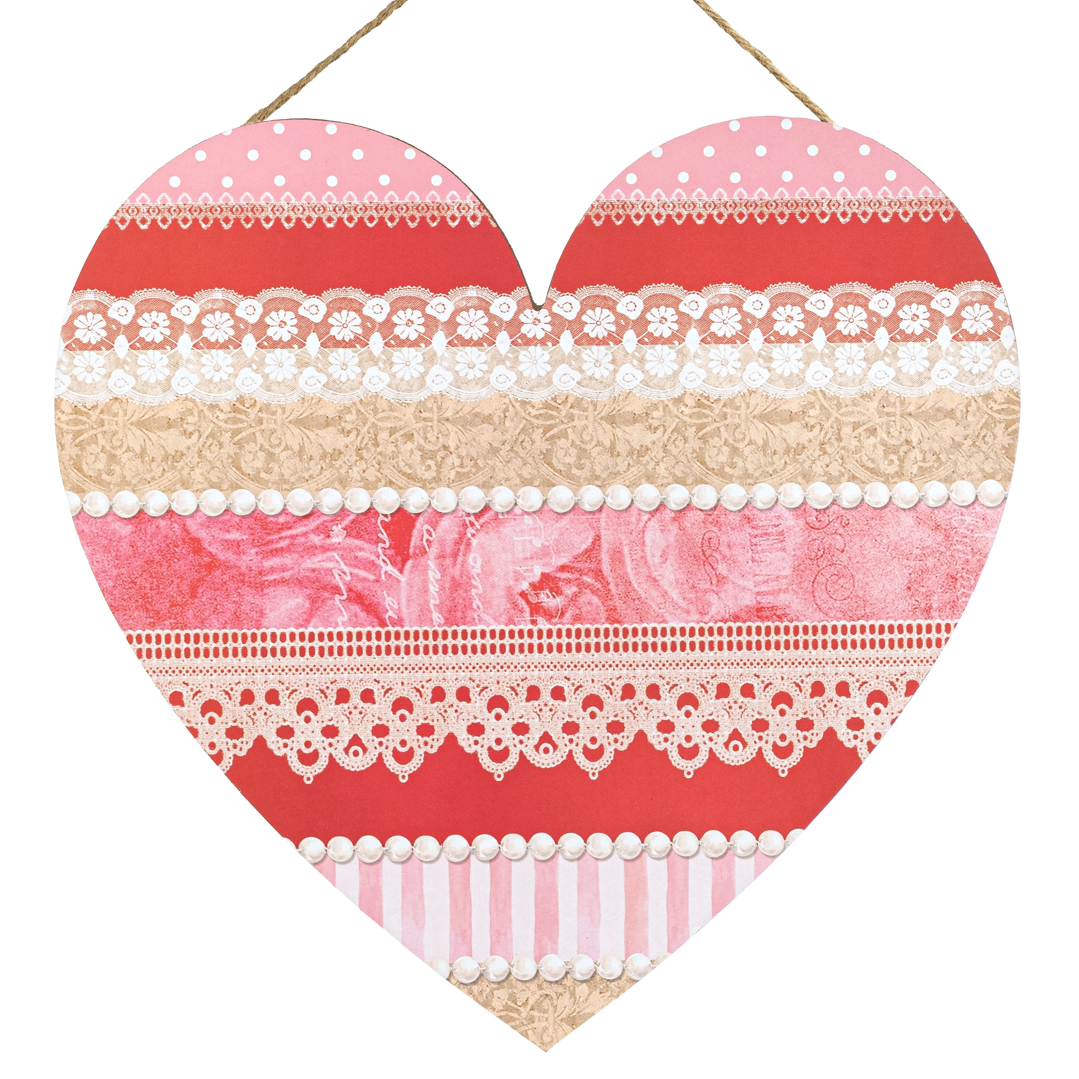 12" Wooden Heart Sign: Striped Pearls & Lace Pattern Item Number: AP7429E9