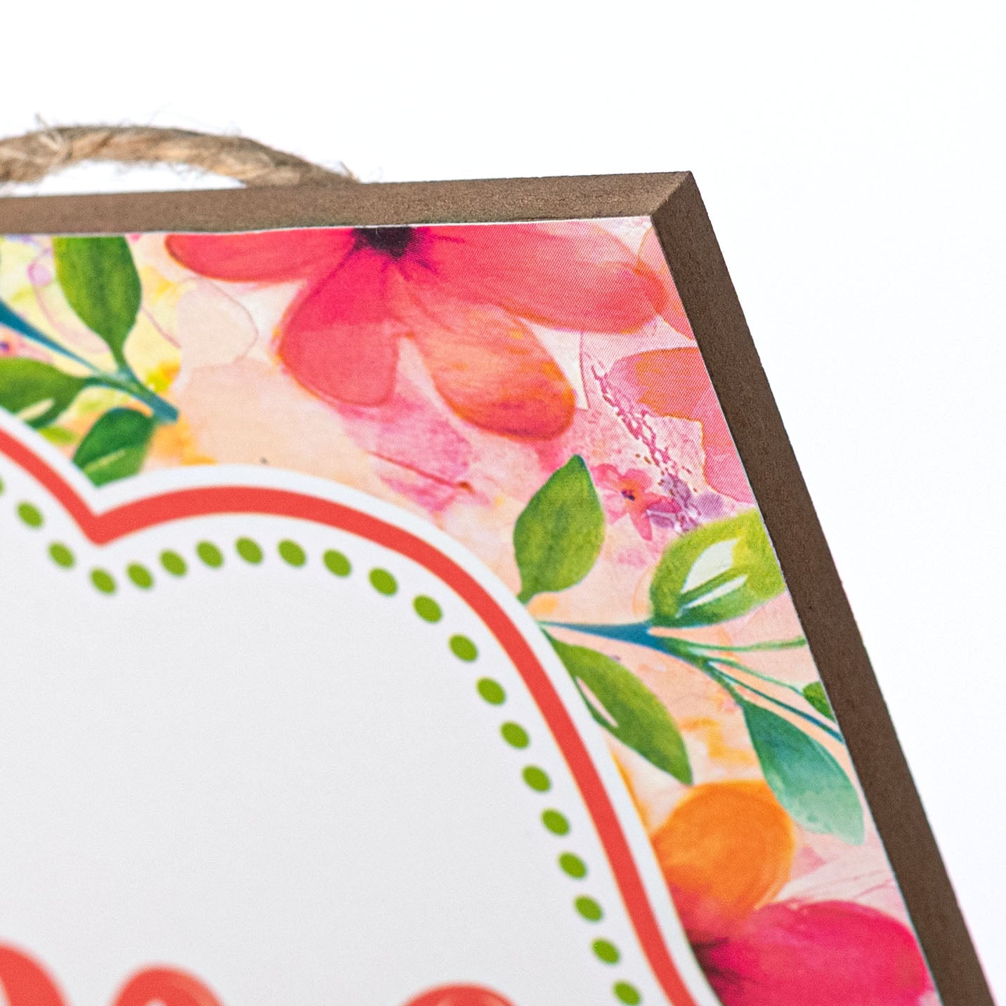 12" Wooden Sign: Welcome Coral Pink Floral detail photo 3