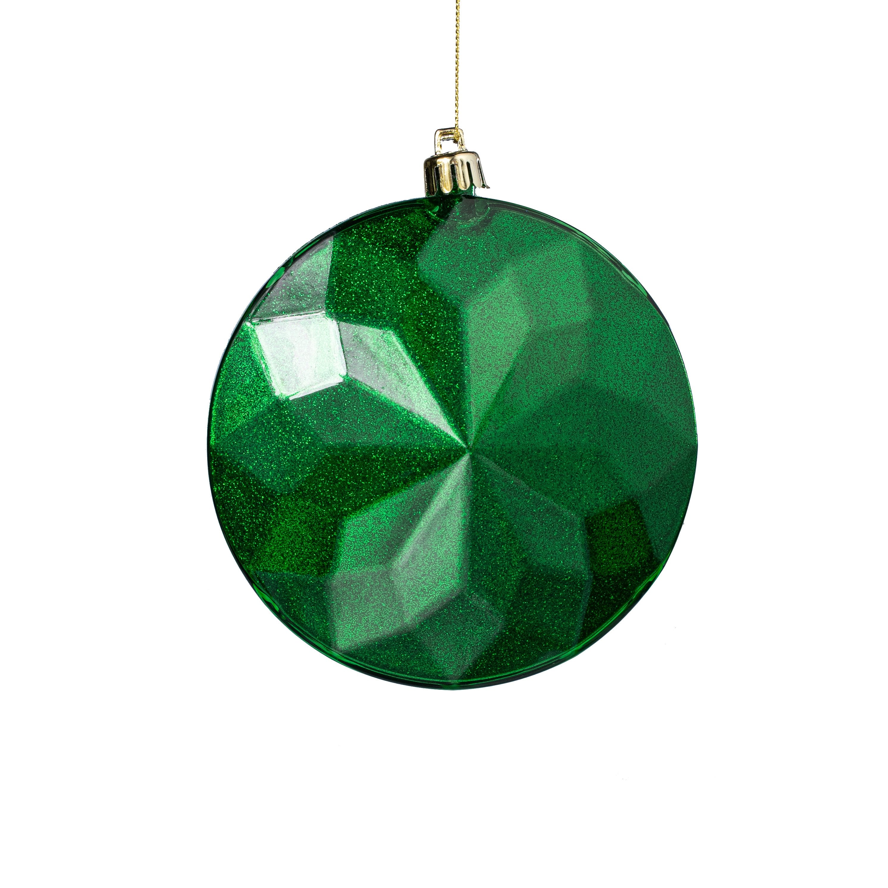 120mm Faceted Flat Round Gem Ornament: Glitter Inside Emerald Green Item Number: XJ765706