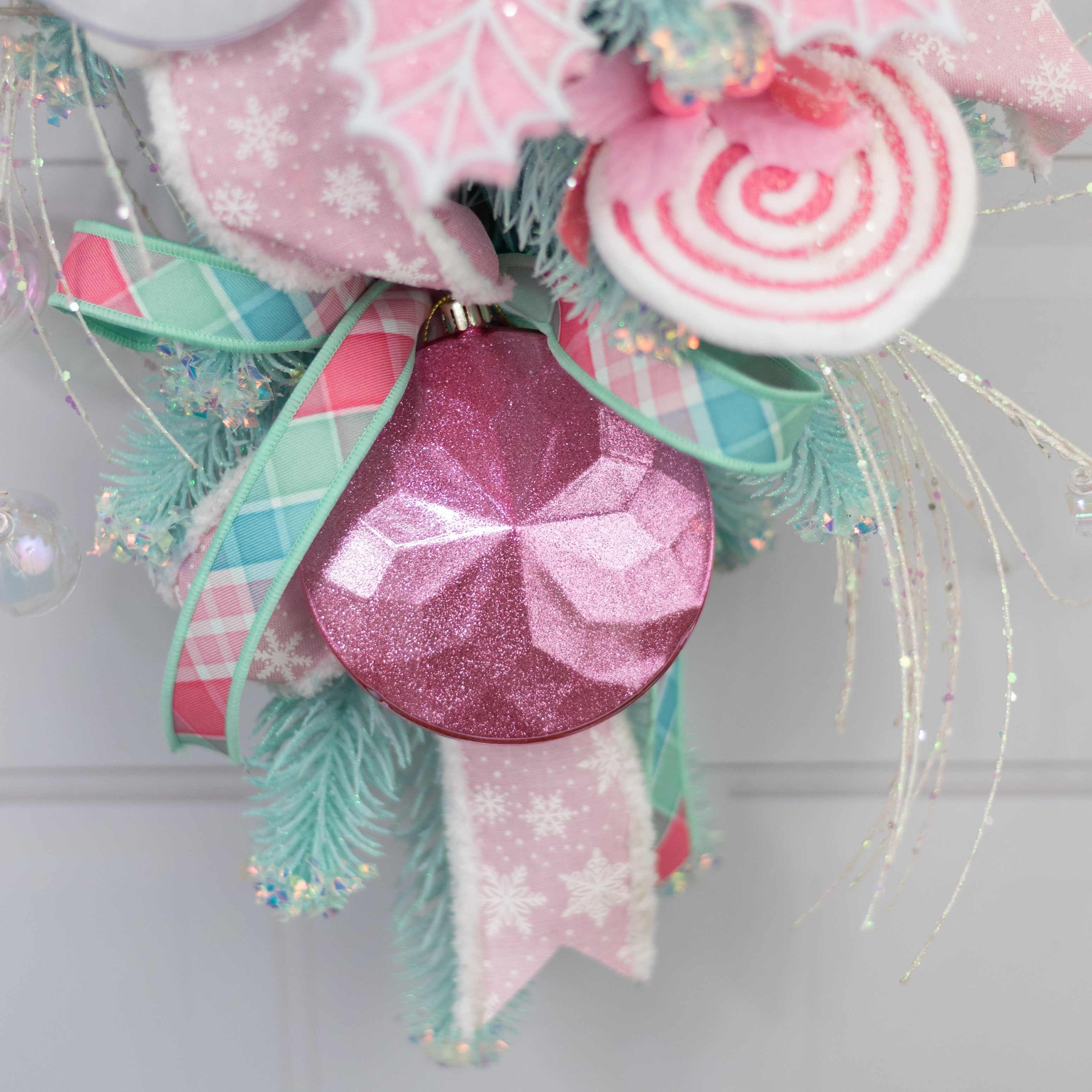 120mm Faceted Flat Round Gem Ornament: Glitter Inside Pink Lifestyle Photo