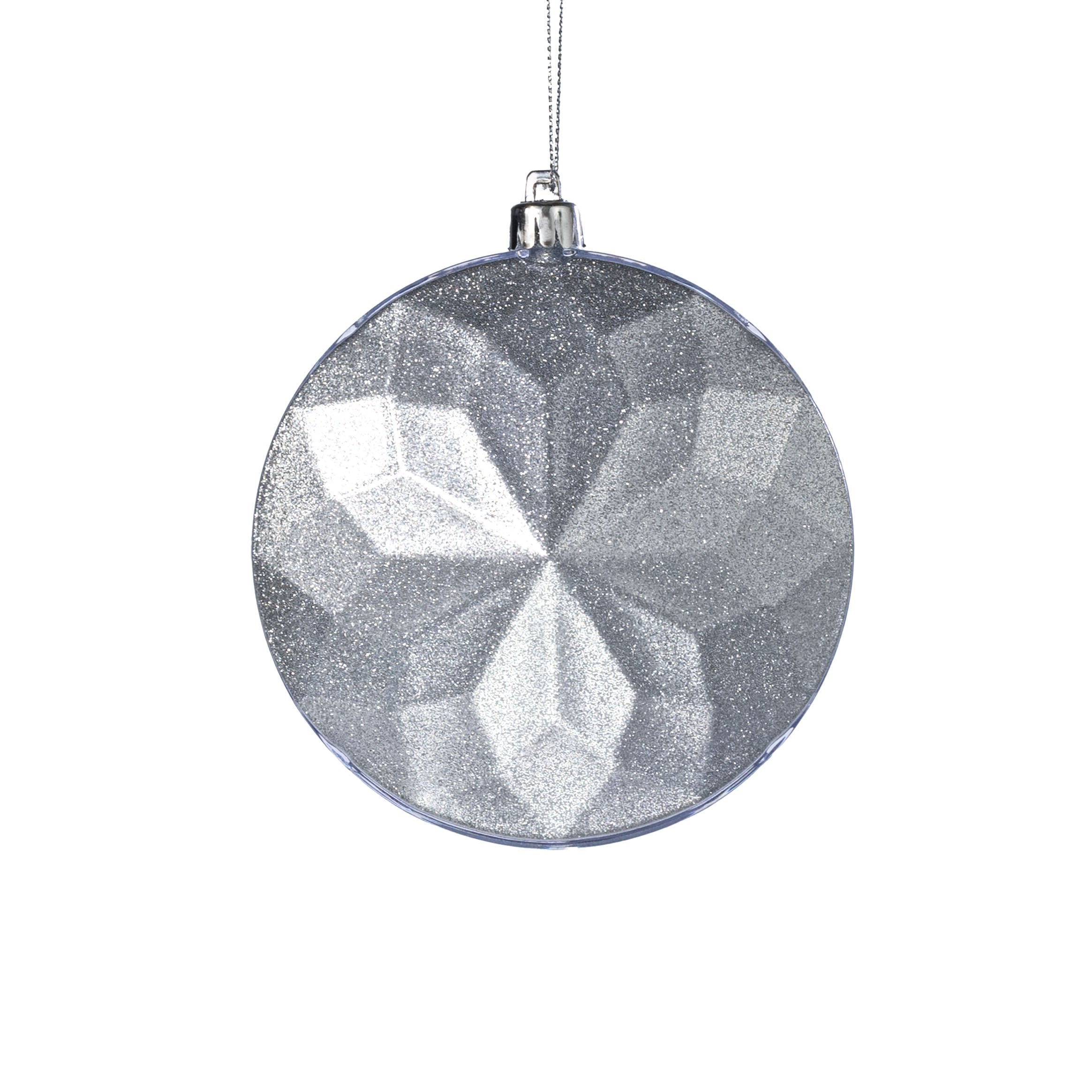 120mm Faceted Flat Round Gem Ornament: Glitter Inside Silver Item Number: XJ765626
