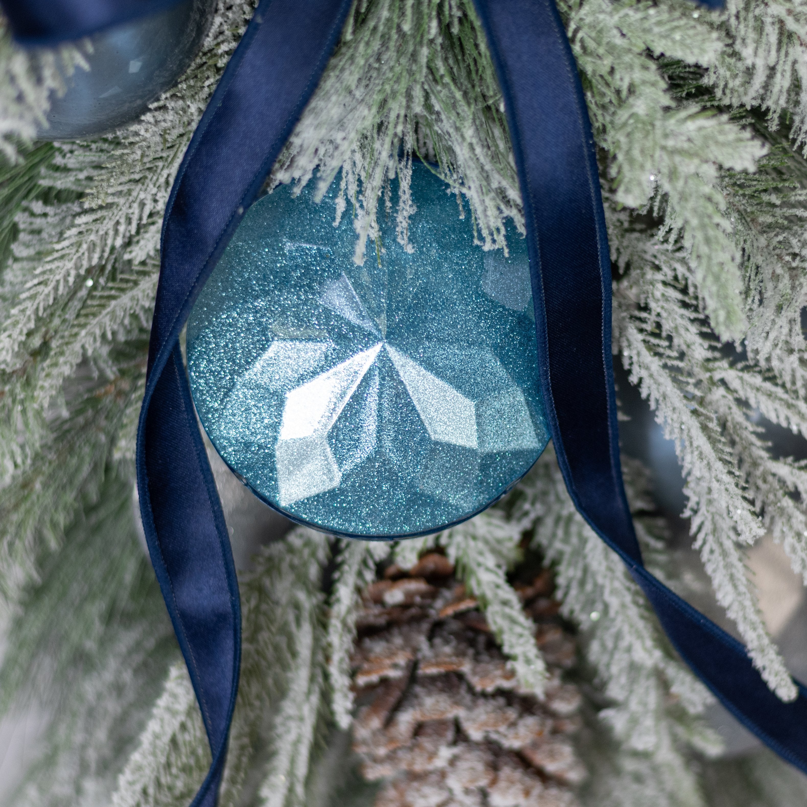 120mm Faceted Flat Round Gem Ornament: Glitter Inside Smoke Blue Lifestyle Photo
