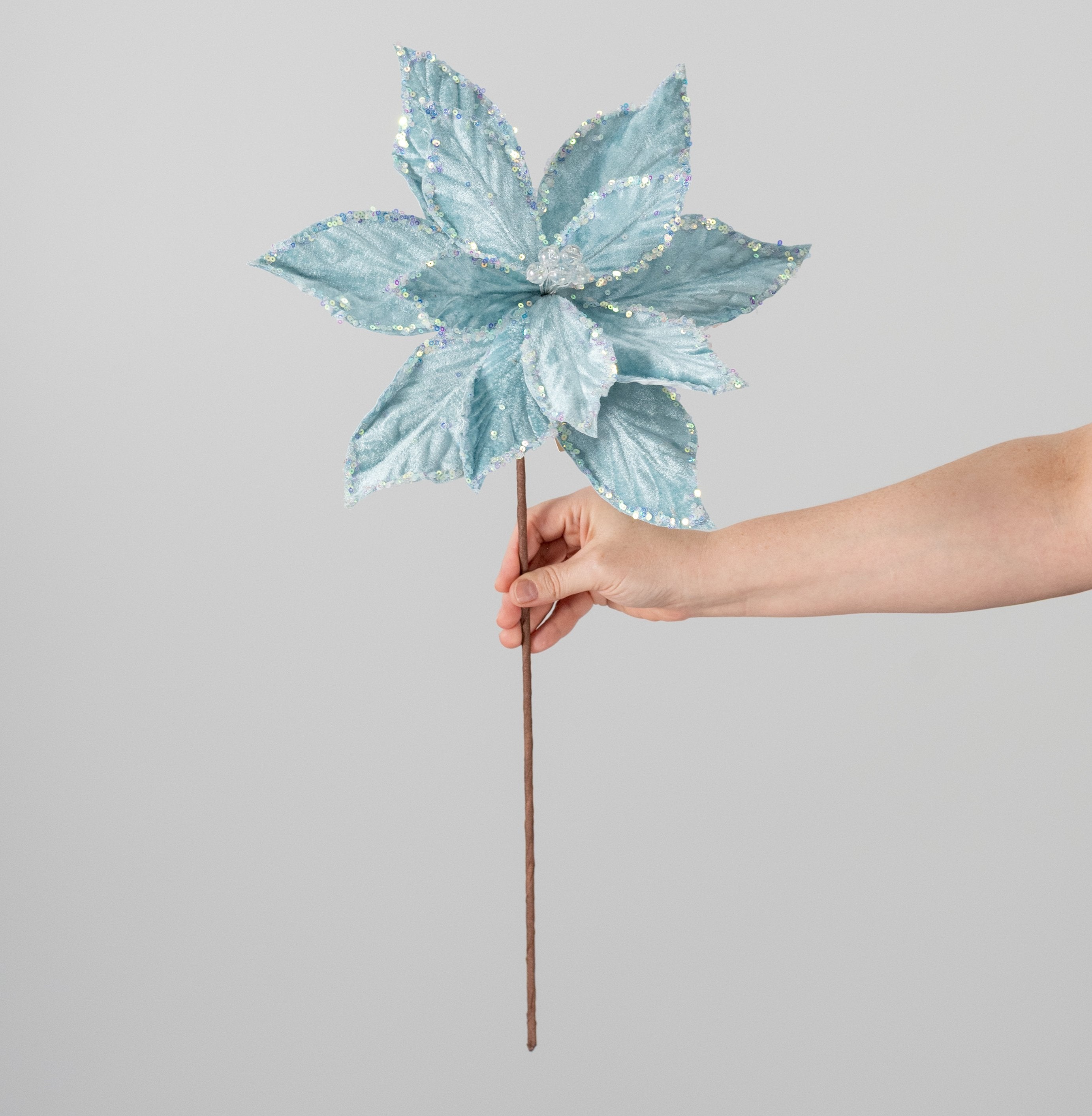 13" x 19" Embossed Velvet Poinsettia Stem: Pale Blue detail photo 3