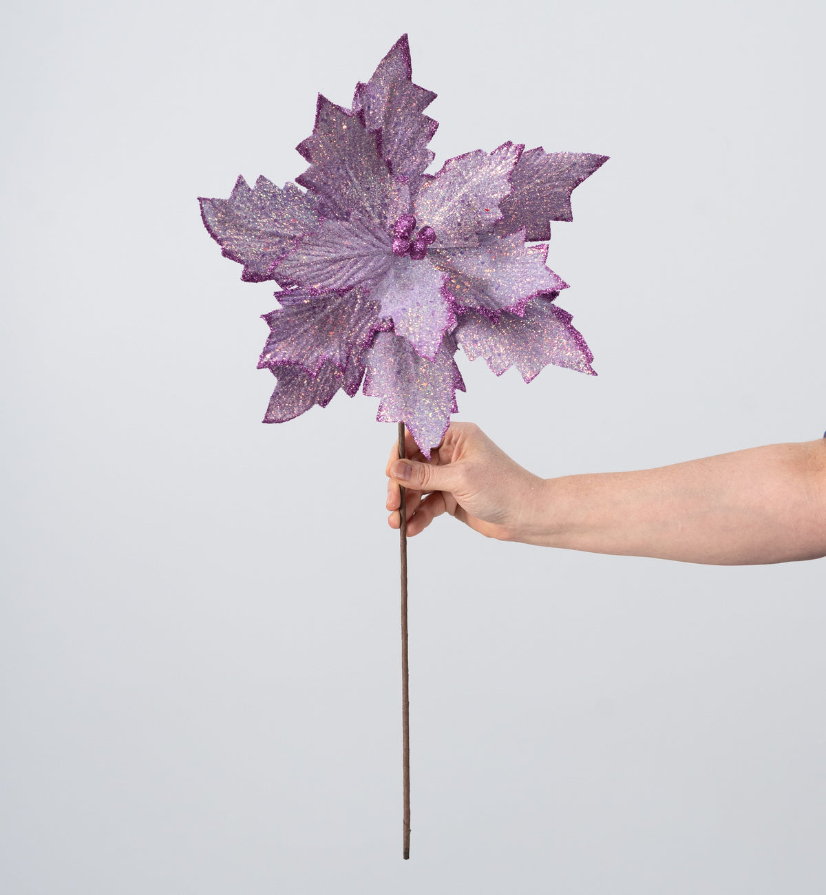 13" x 19" Iridescent Glittered Poinsettia Stem: Lavender detail photo 3