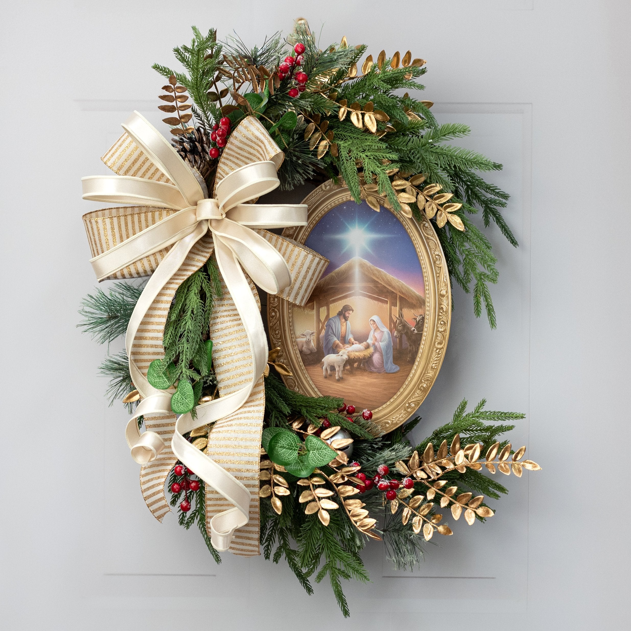 13" Oval Wooden Sign: Framed Holy Family Nativity Lifestyle Photo