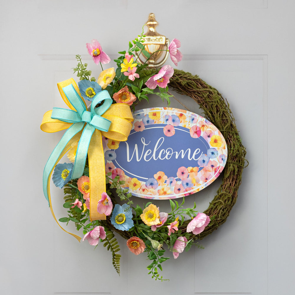 13" Oval Wooden Sign: Pink & Blue X-Ray Poppy Flowers Lifestyle Photo