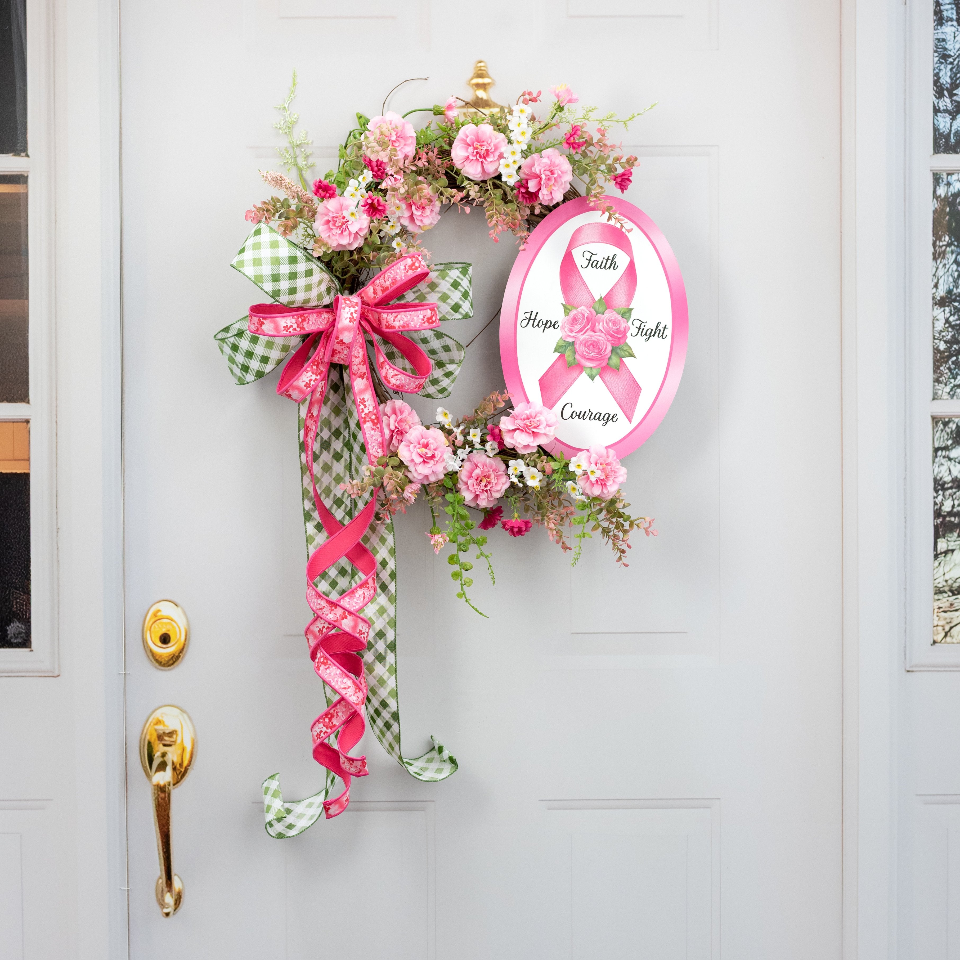 13" Oval Wooden Sign: Pink Ribbon Faith Roses detail photo 4
