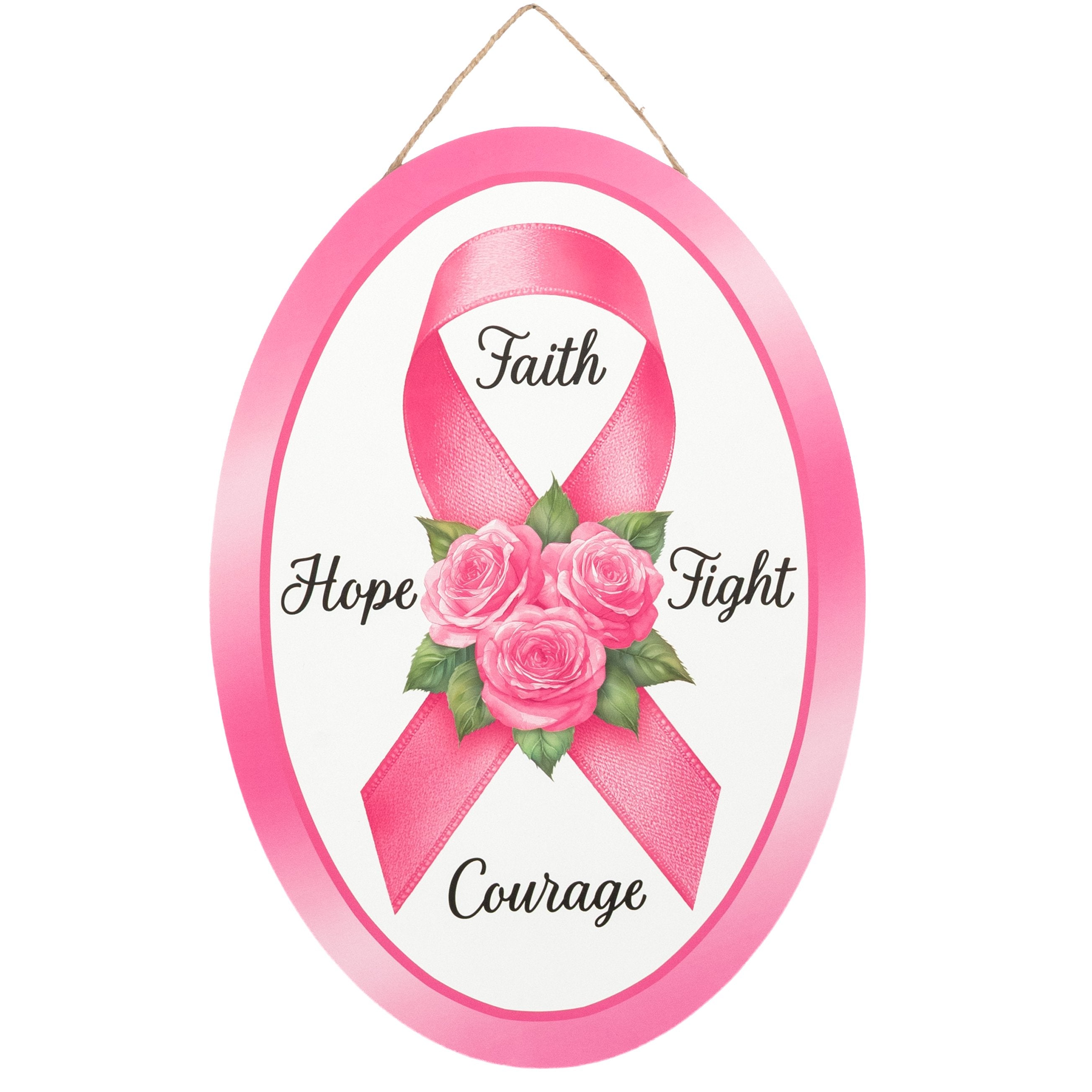 13" Oval Wooden Sign: Pink Ribbon Faith Roses Item Number: AP7453
