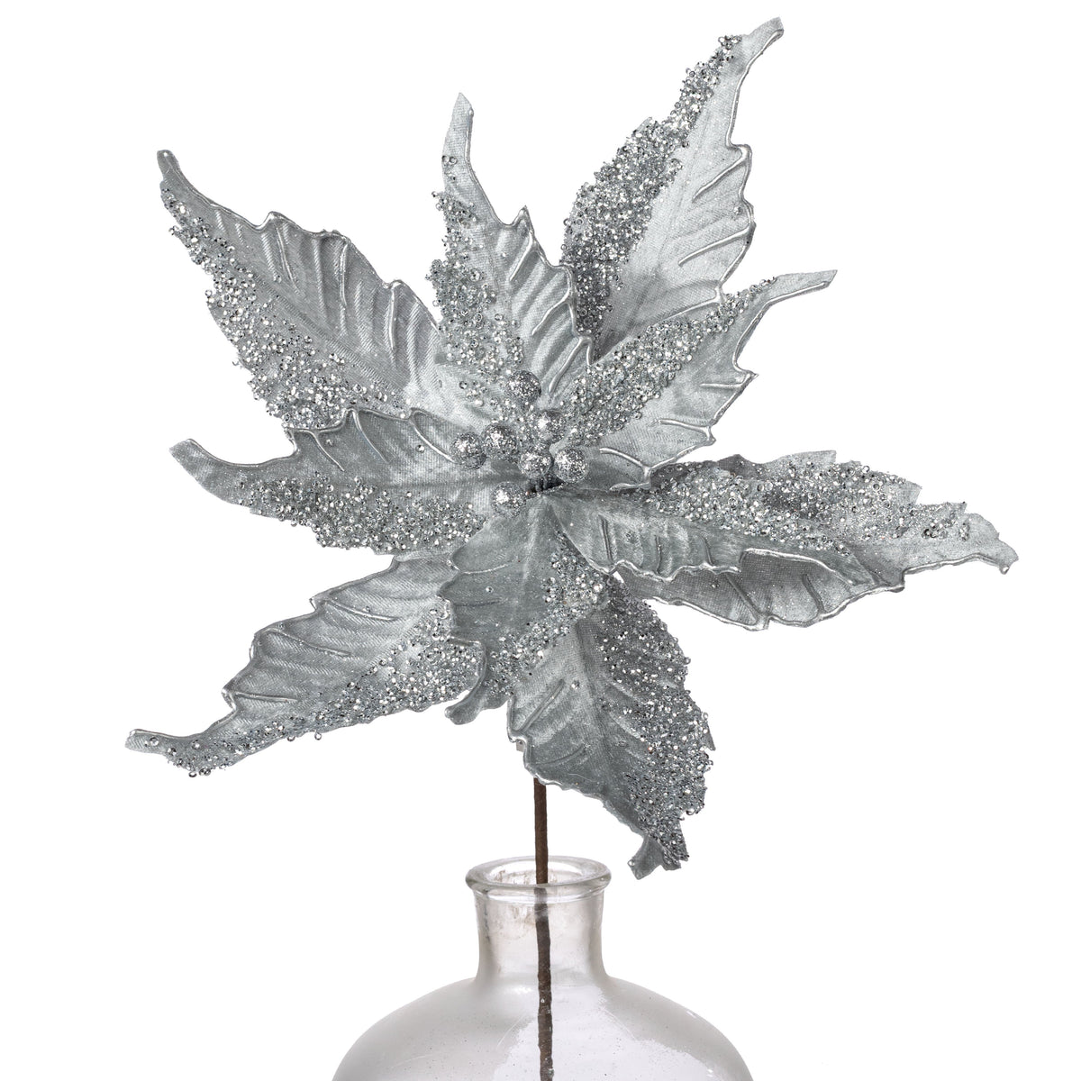 14" x 19" Glitter & Sequins Poinsettia Stem: Silver Item Number: 276999