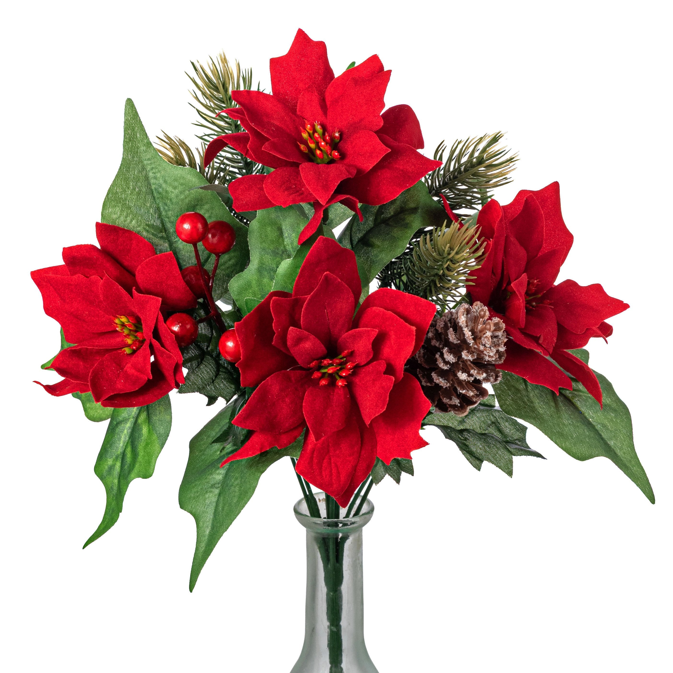 14" Artificial Poinsettia & Berry Bush: Red (8 Stem) Item Number: 86579RD