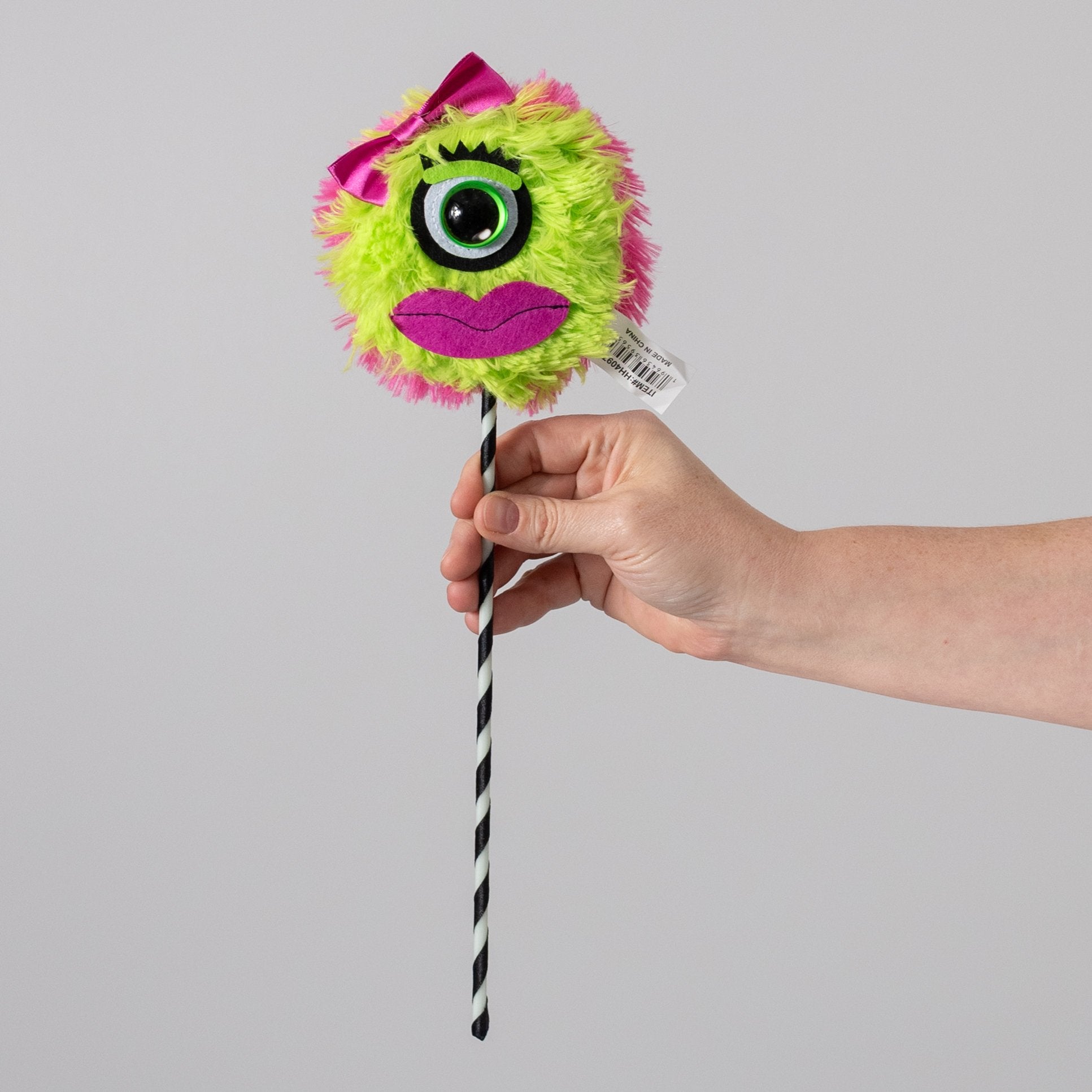 5" x 14" Furry One Eyed Hair-Bow Halloween Monster Pick: Lime & Pink detail photo 3