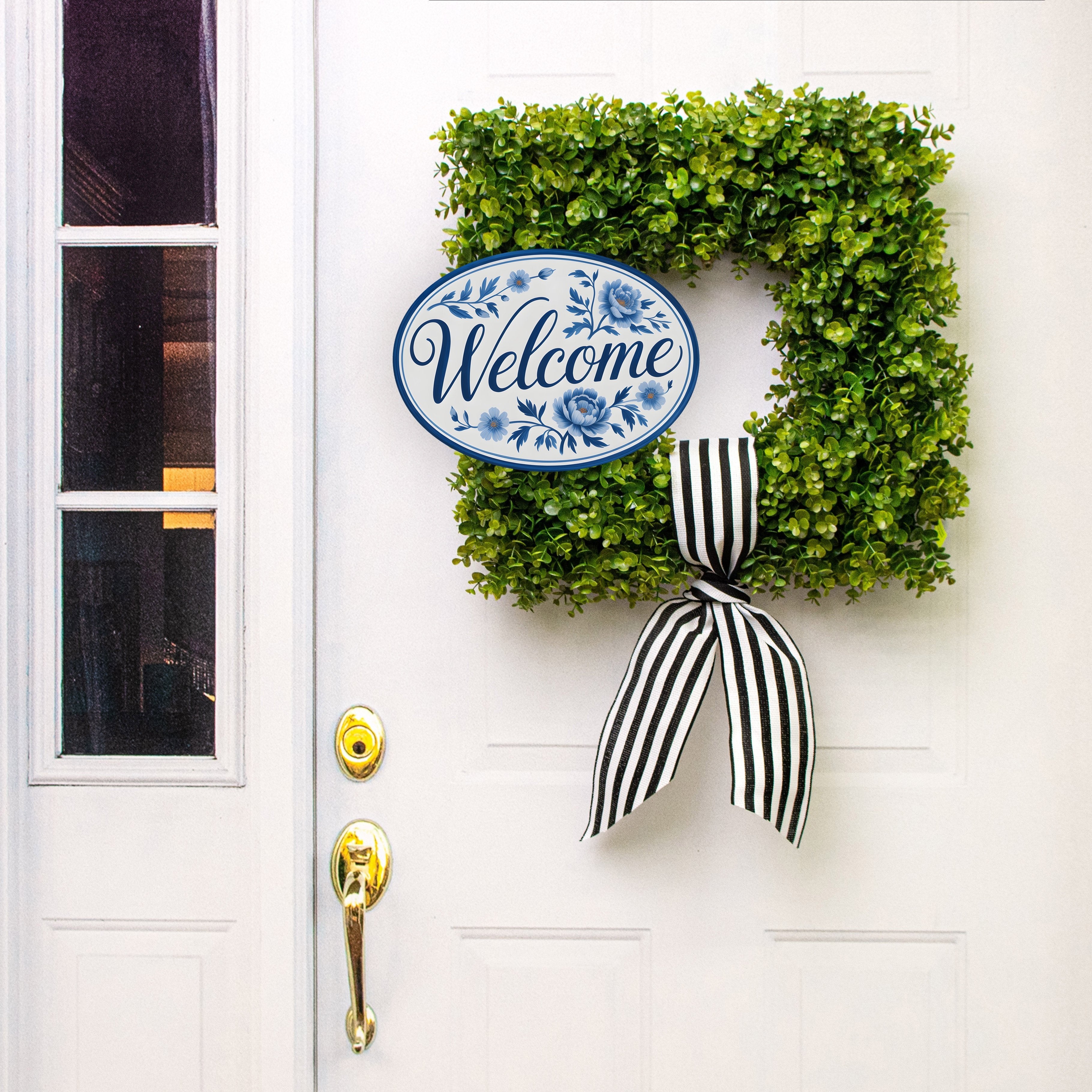 14" Oval Waterproof Sign: Blue & White Chinoiserie Floral Welcome Lifestyle Photo