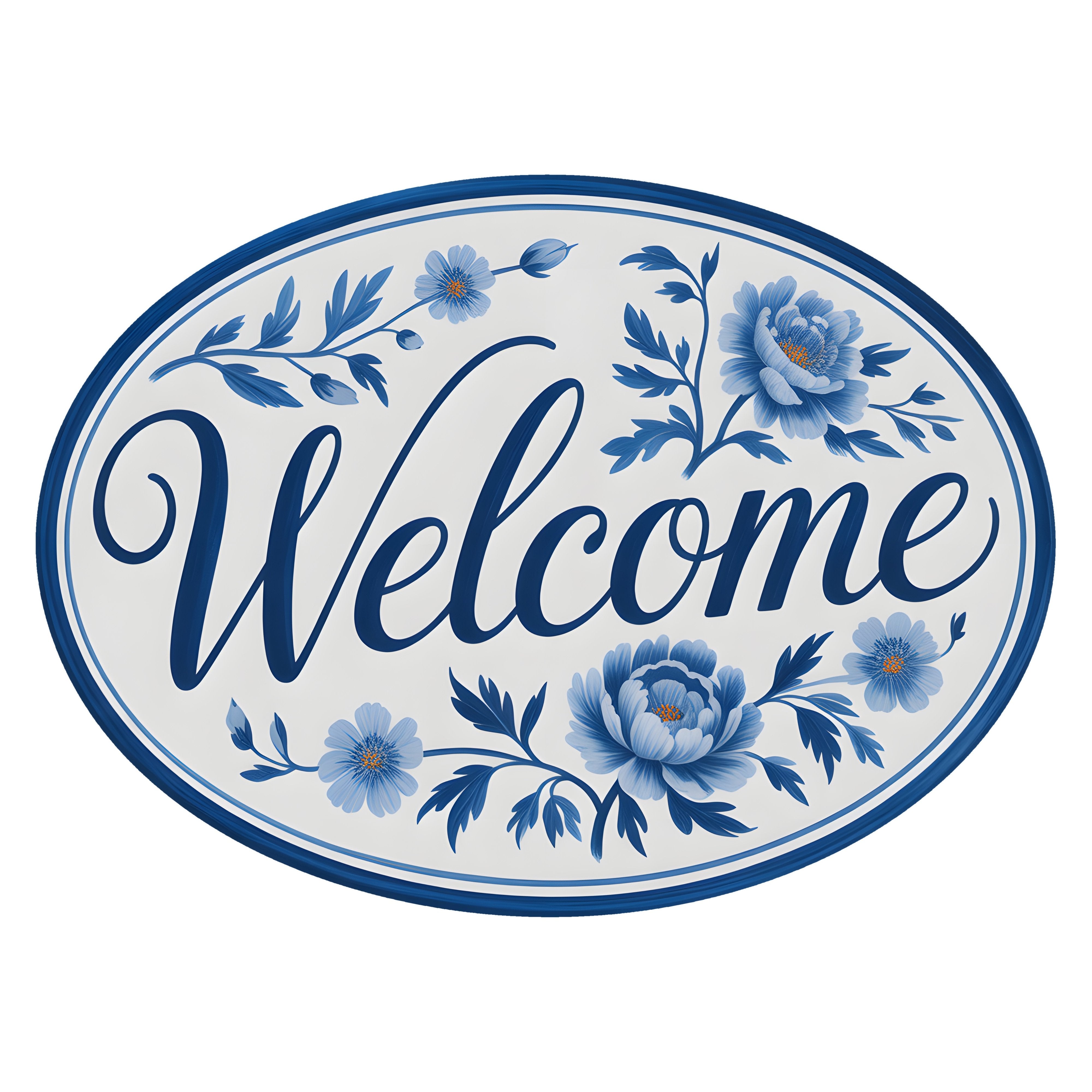 14" Oval Waterproof Sign: Blue & White Chinoiserie Floral Welcome Item Number: CD1232NH-140