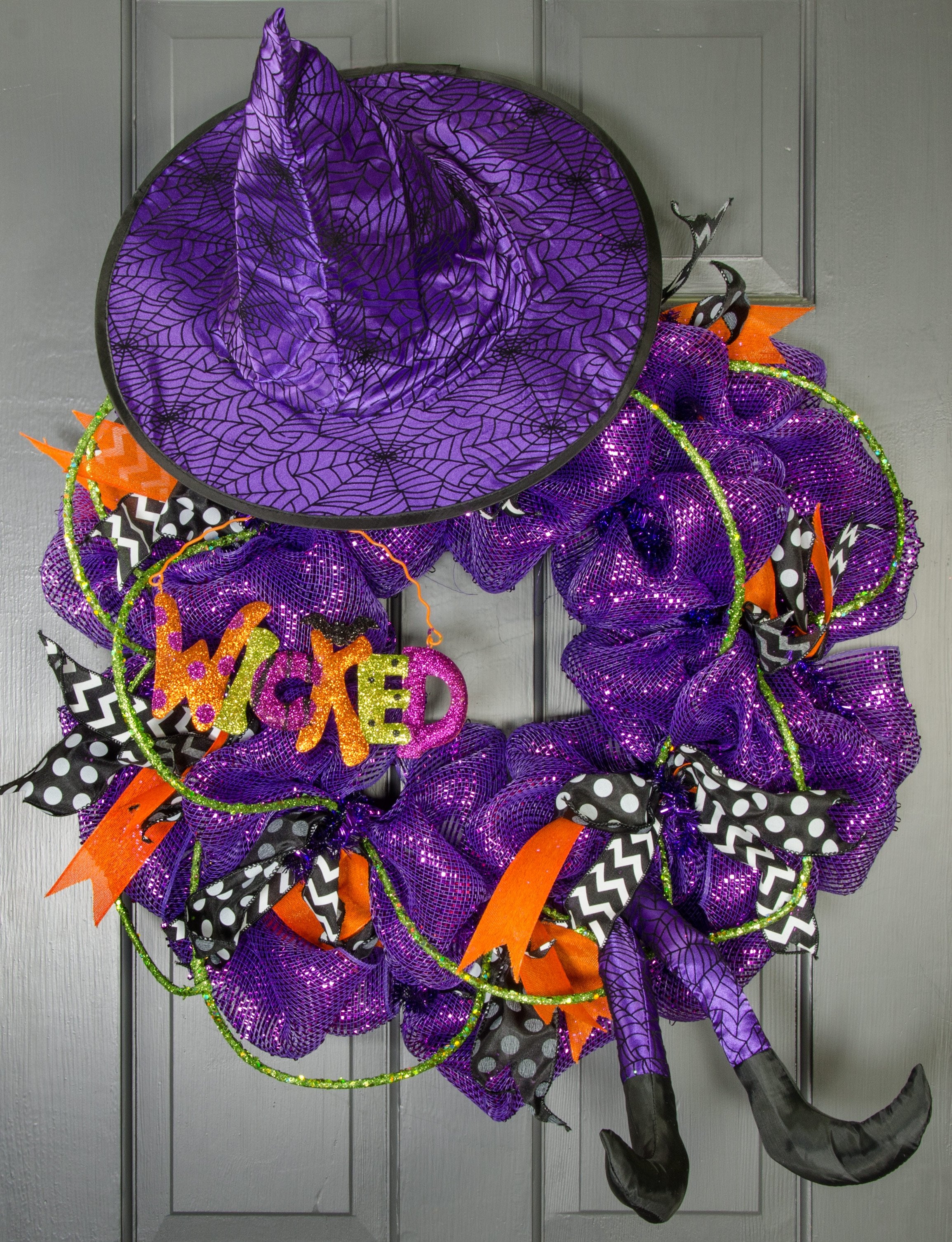 14" Satin Spider Web Witch Hat: Purple & Black Lifestyle Photo