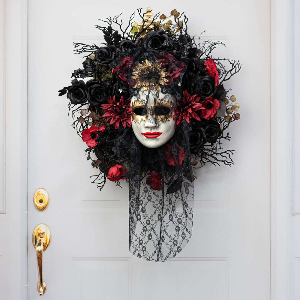 14" Veiled Lace Floral Mask: Black & Red Lifestyle Photo
