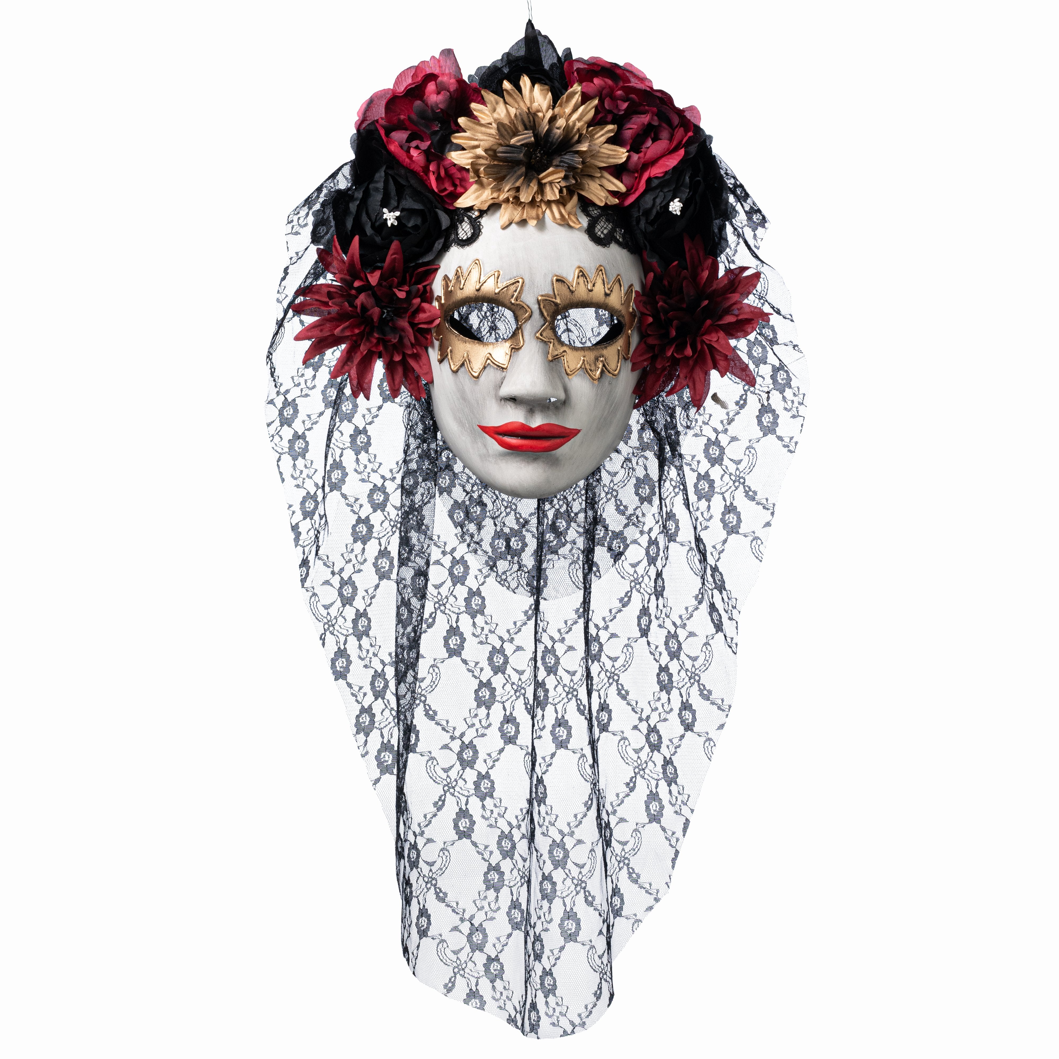14" Veiled Lace Floral Mask: Black & Red Item Number: MZ2230