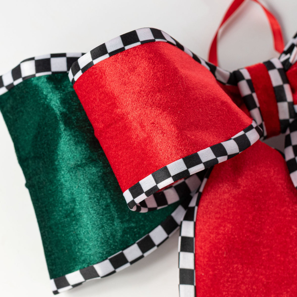 15" x 12" Velvet Black & White Checker Bow: Red & Green detail photo 3