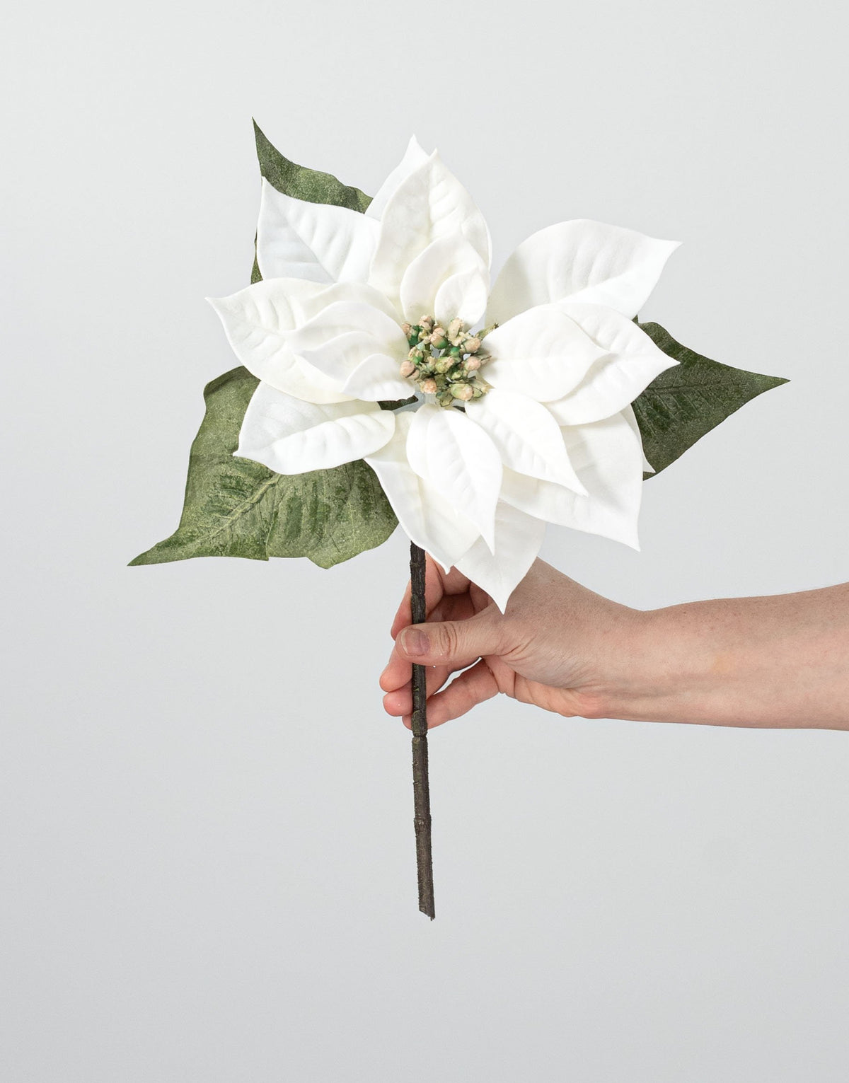 15" Deluxe Artificial Poinsettia Pick: White & Green detail photo 3