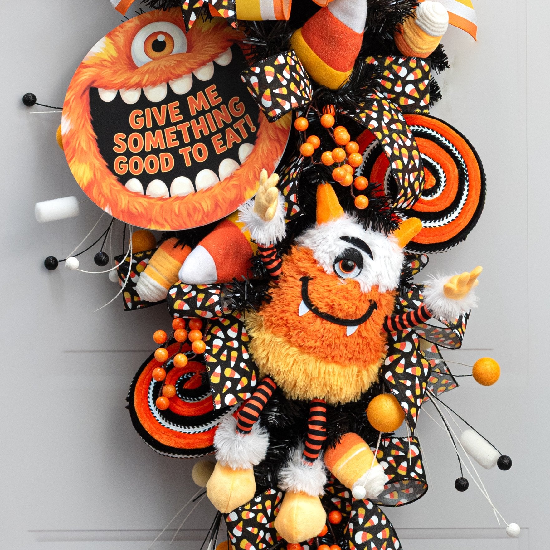 15" Plush Candy Corn Halloween Monster Wreath Decor Lifestyle Photo