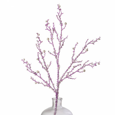 33" Pearls & Iridescent Glitter Twig Spray: Lavender Purple