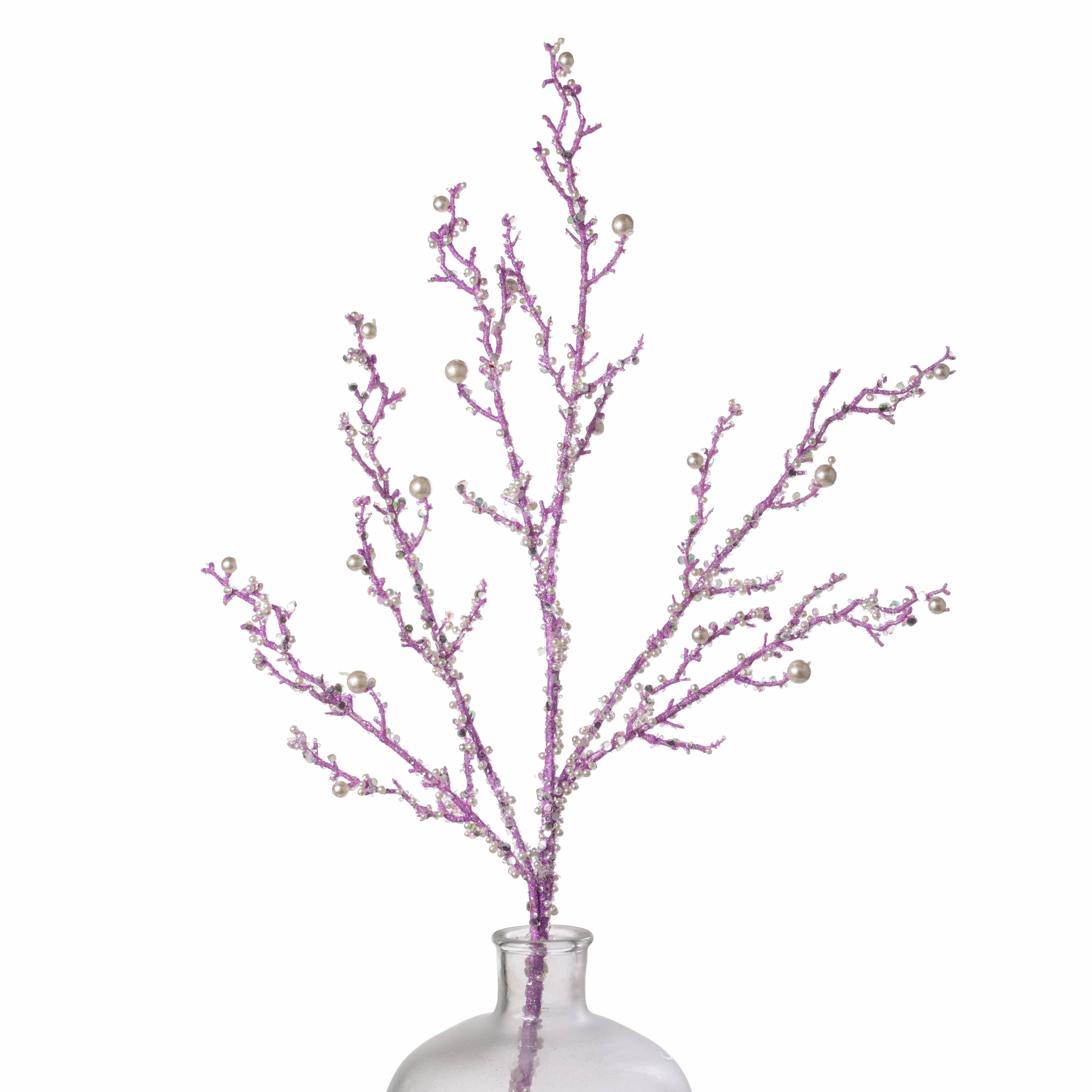 33" Pearls & Iridescent Glitter Twig Spray: Lavender Purple