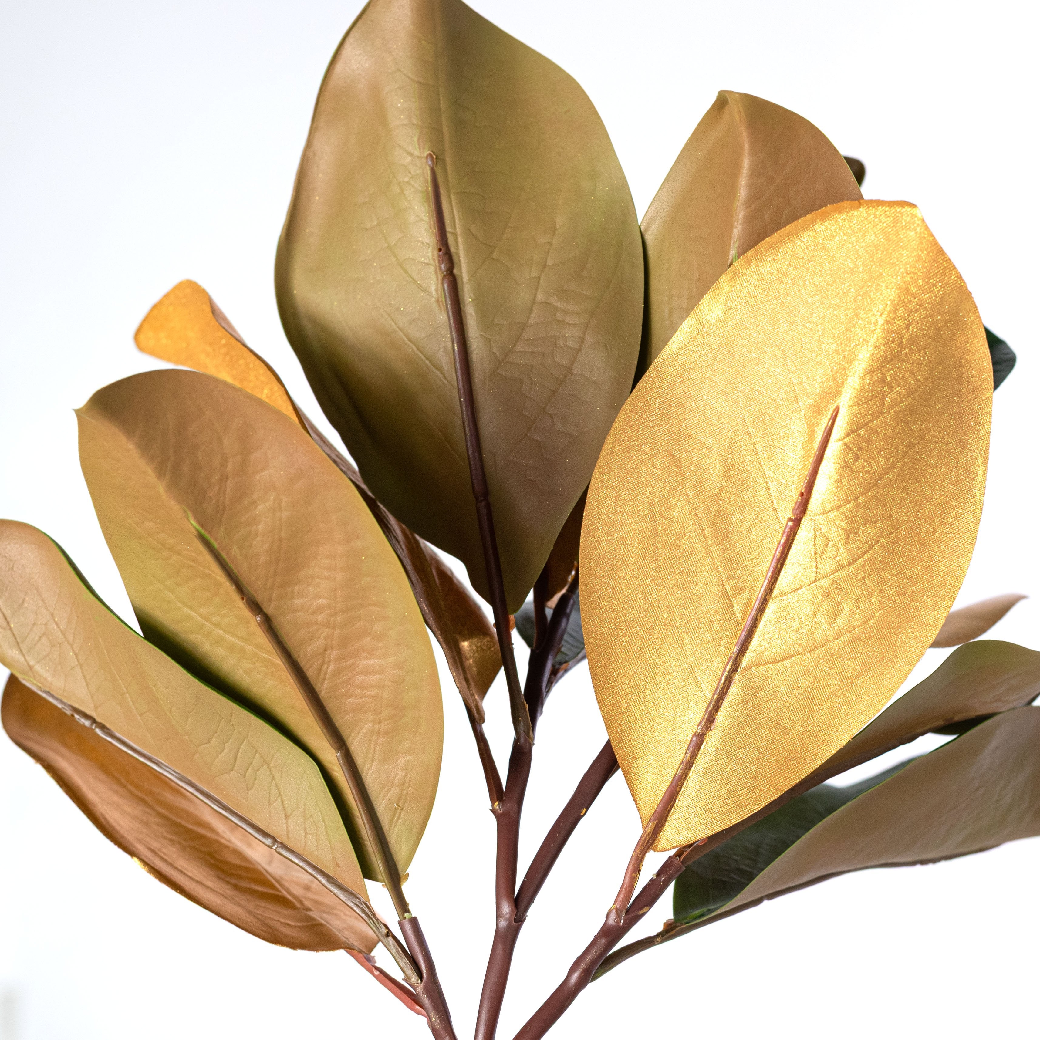 16" Artificial Magnolia Leaves Stem: Green & Metallic Gold detail photo 4