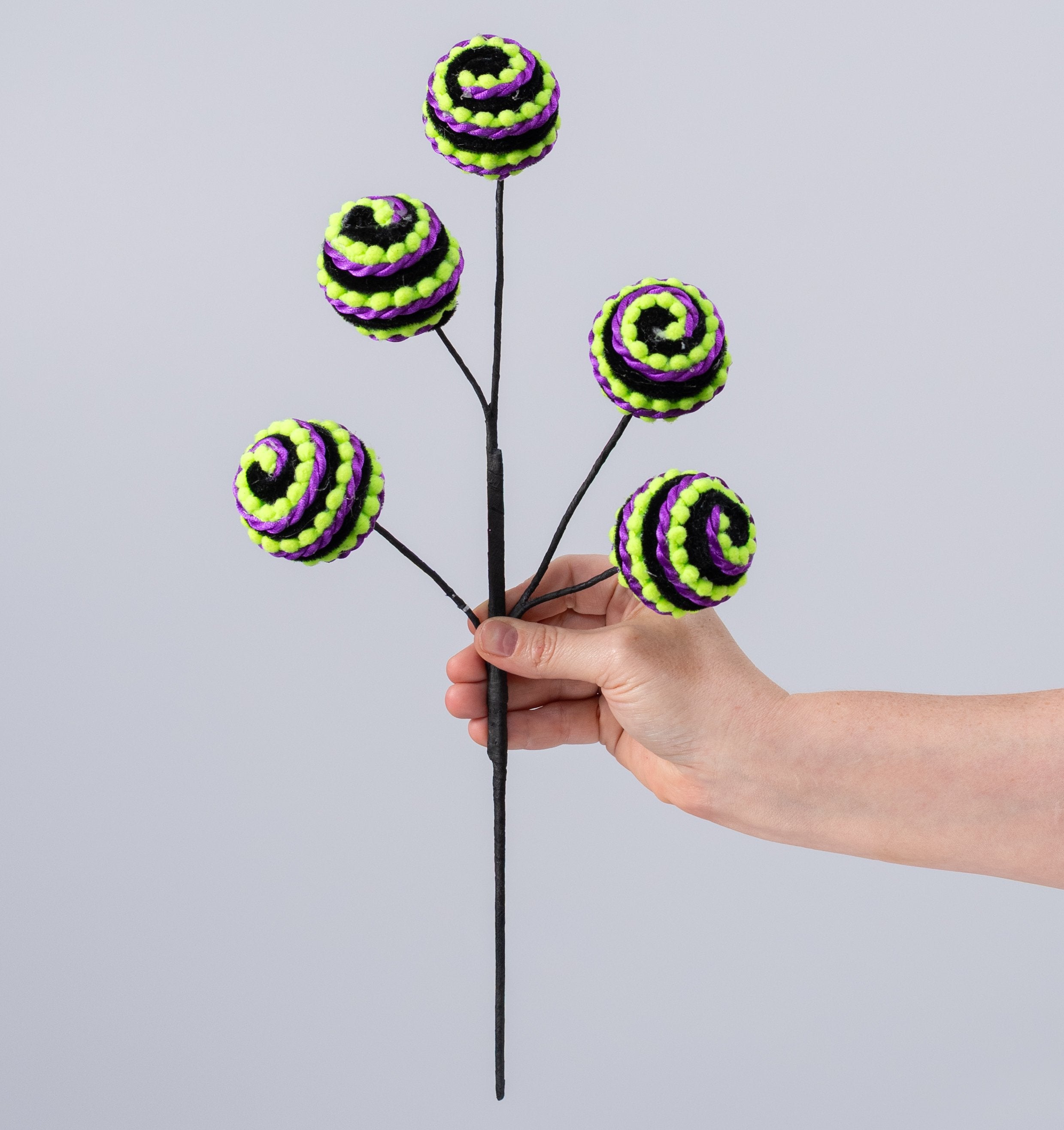 16" Chenille Pom Pom & Cording Ball Spray: Neon Lime, Purple & Black detail photo 3