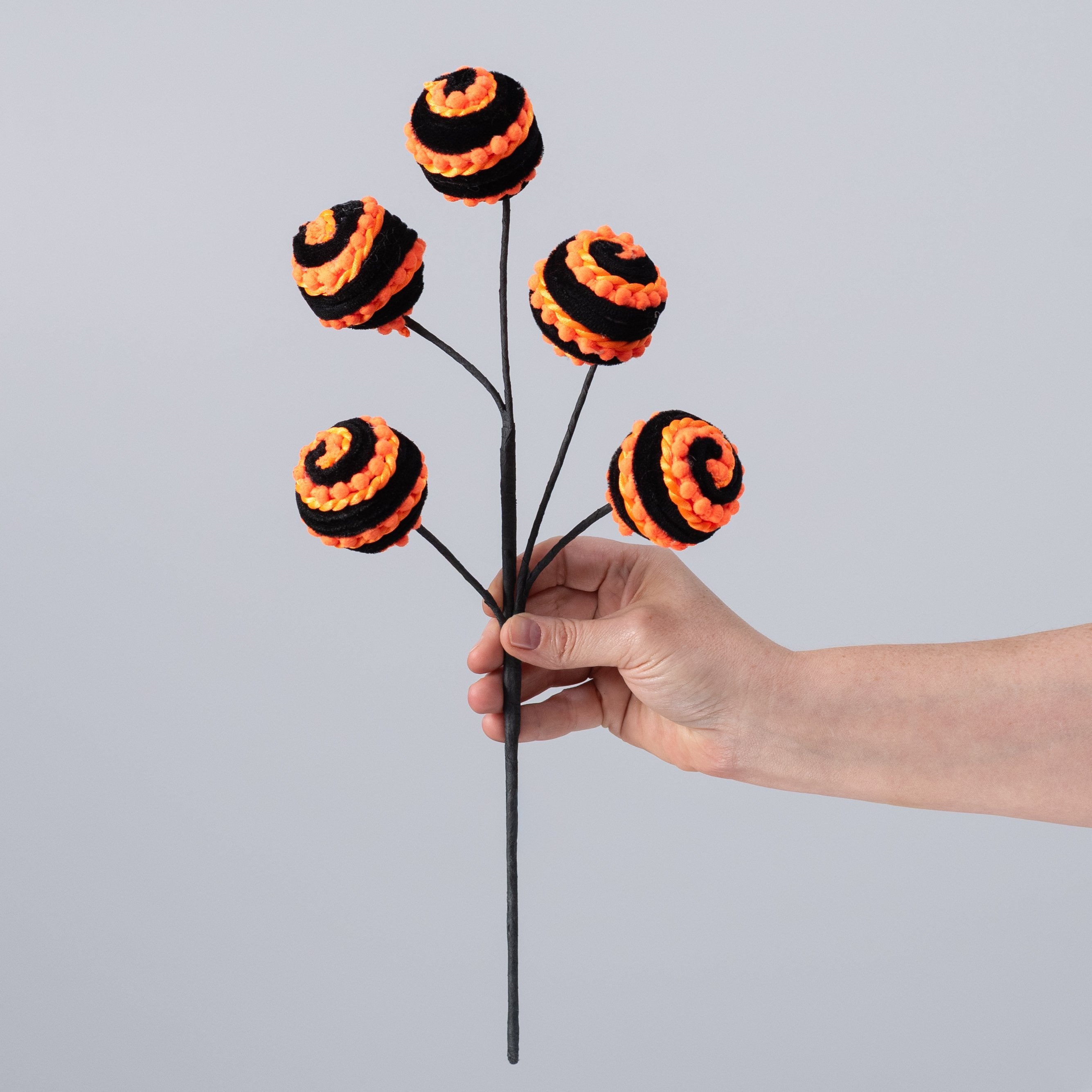 16" Chenille Pom Pom & Cording Ball Spray: Orange & Black detail photo 3