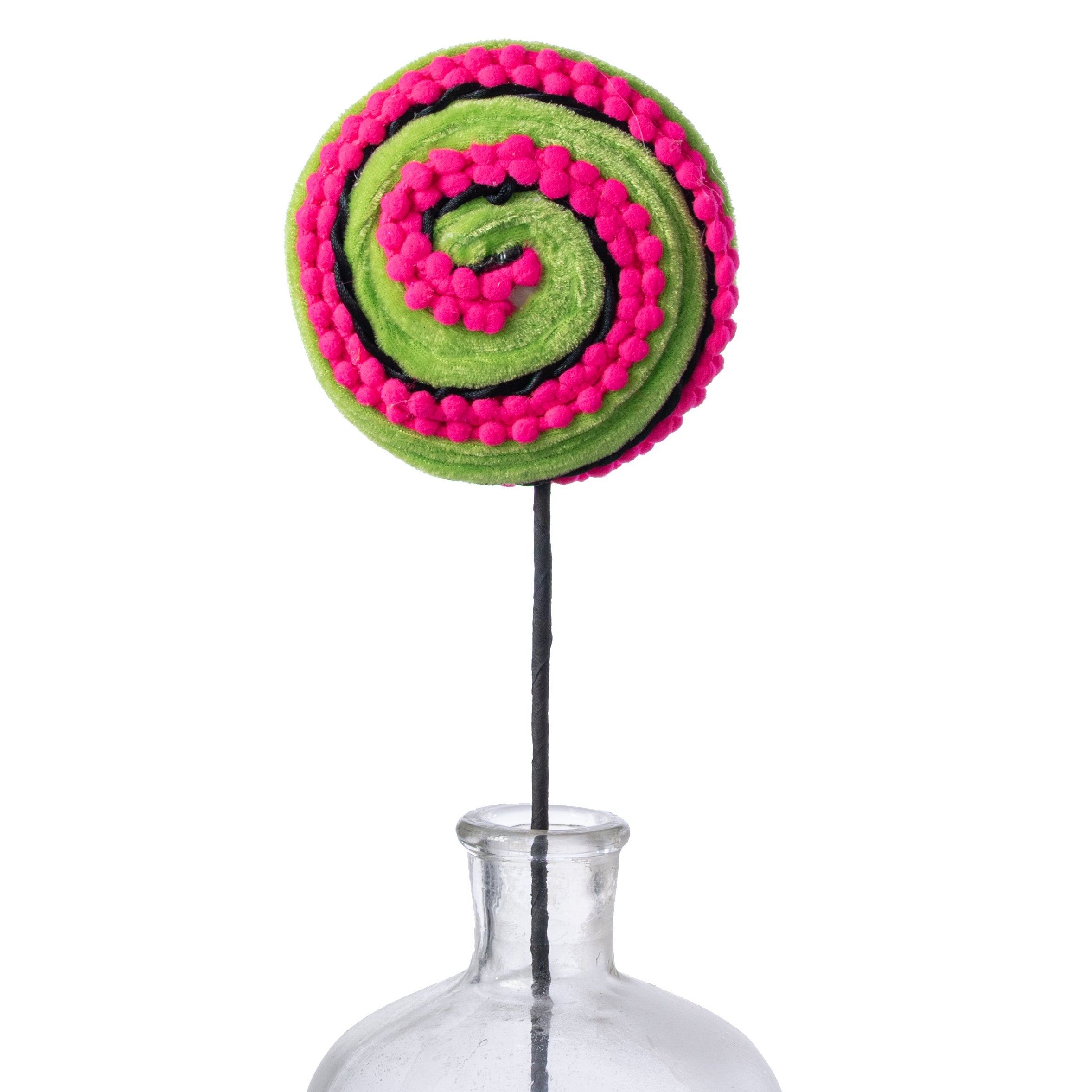 5" x 16" Chenille Pom Pom & Cording Lollipop Spray: Neon Pink, Lime & Black Item Number: 57390HTPK