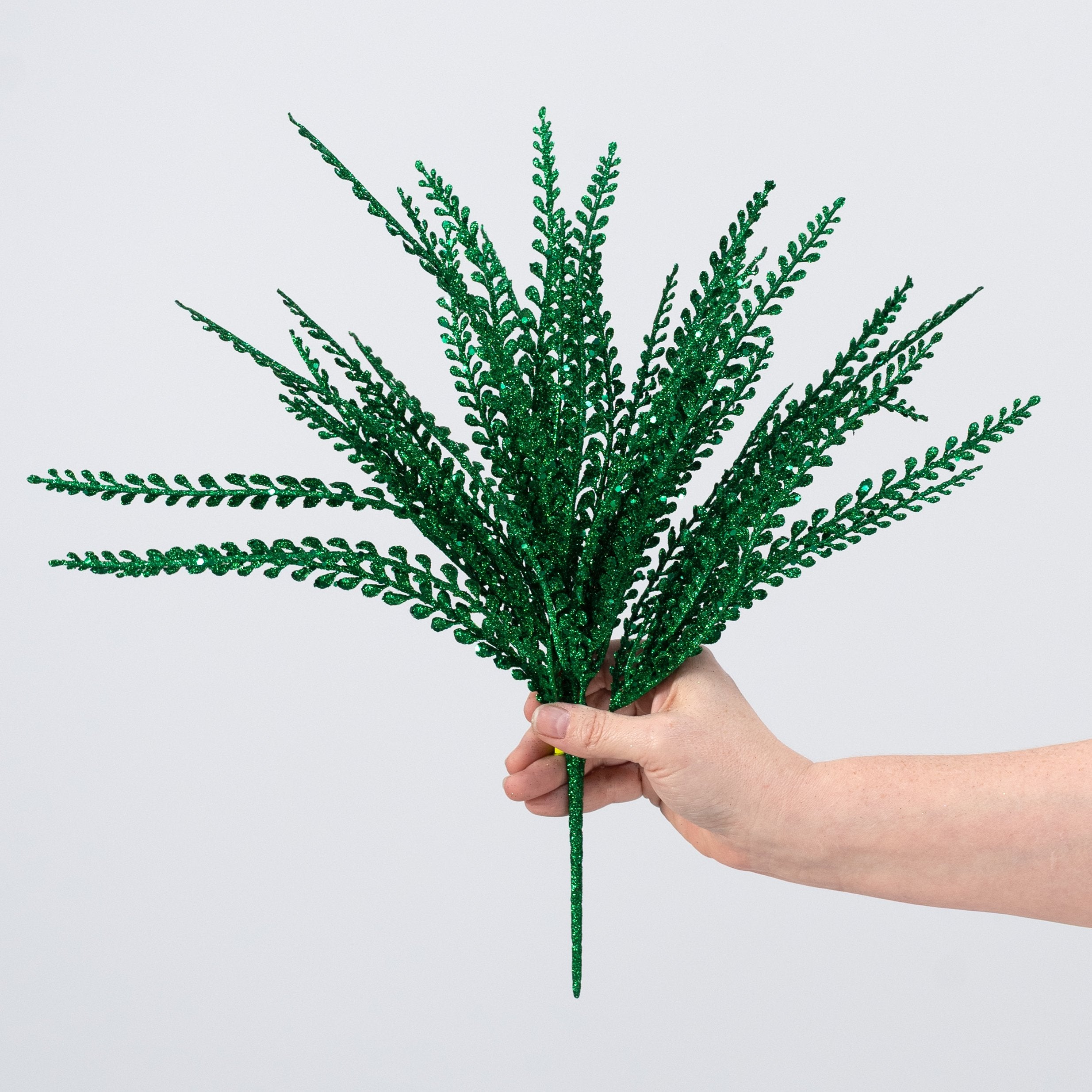 16" Glitter Plastic Button Fern Bush: Green (5 Stem) detail photo 3