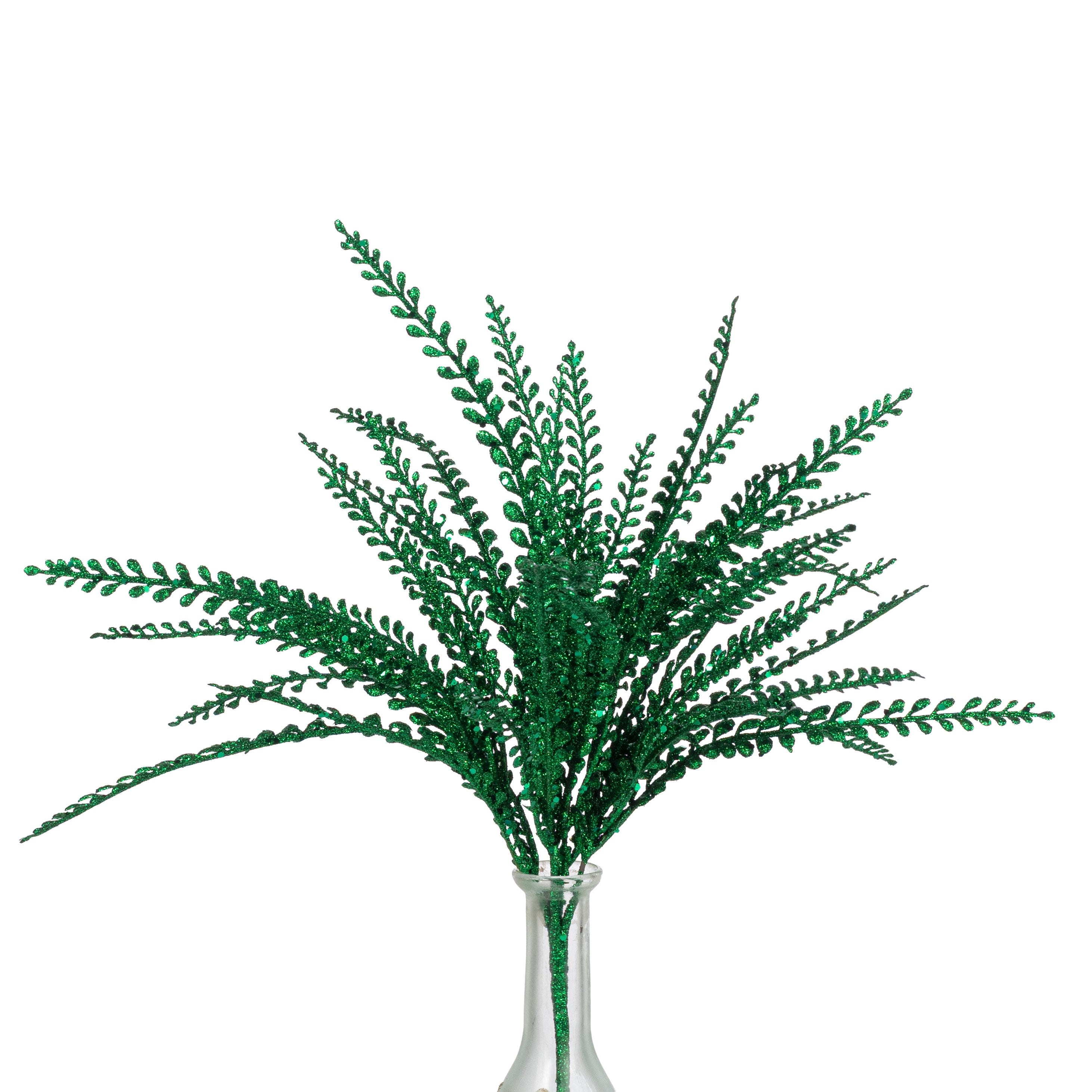16" Glitter Plastic Button Fern Bush: Green (5 Stem) Item Number: 86929GN