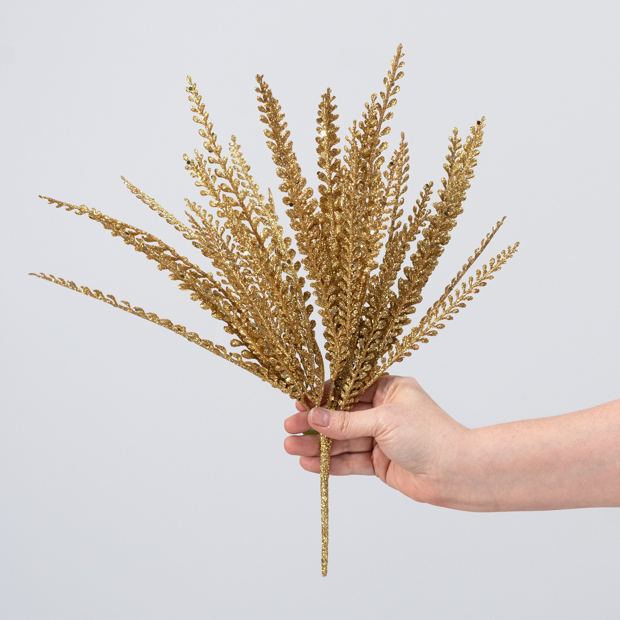 16" Glitter Plastic Button Fern Bush: Metallic Gold (5 Stem) detail photo 3