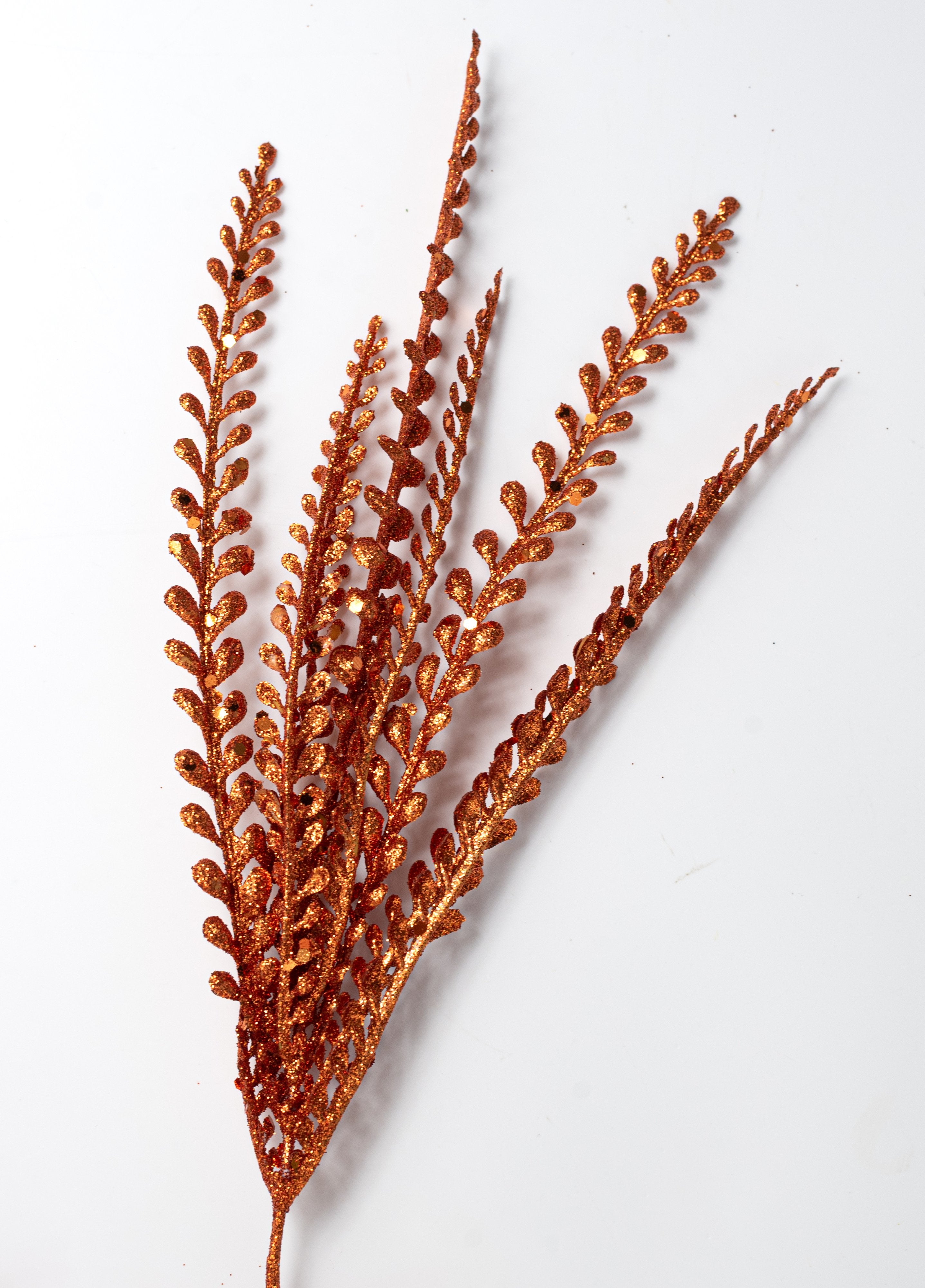 16" Glitter Plastic Button Fern Bush: Orange (5 Stem) detail photo 4