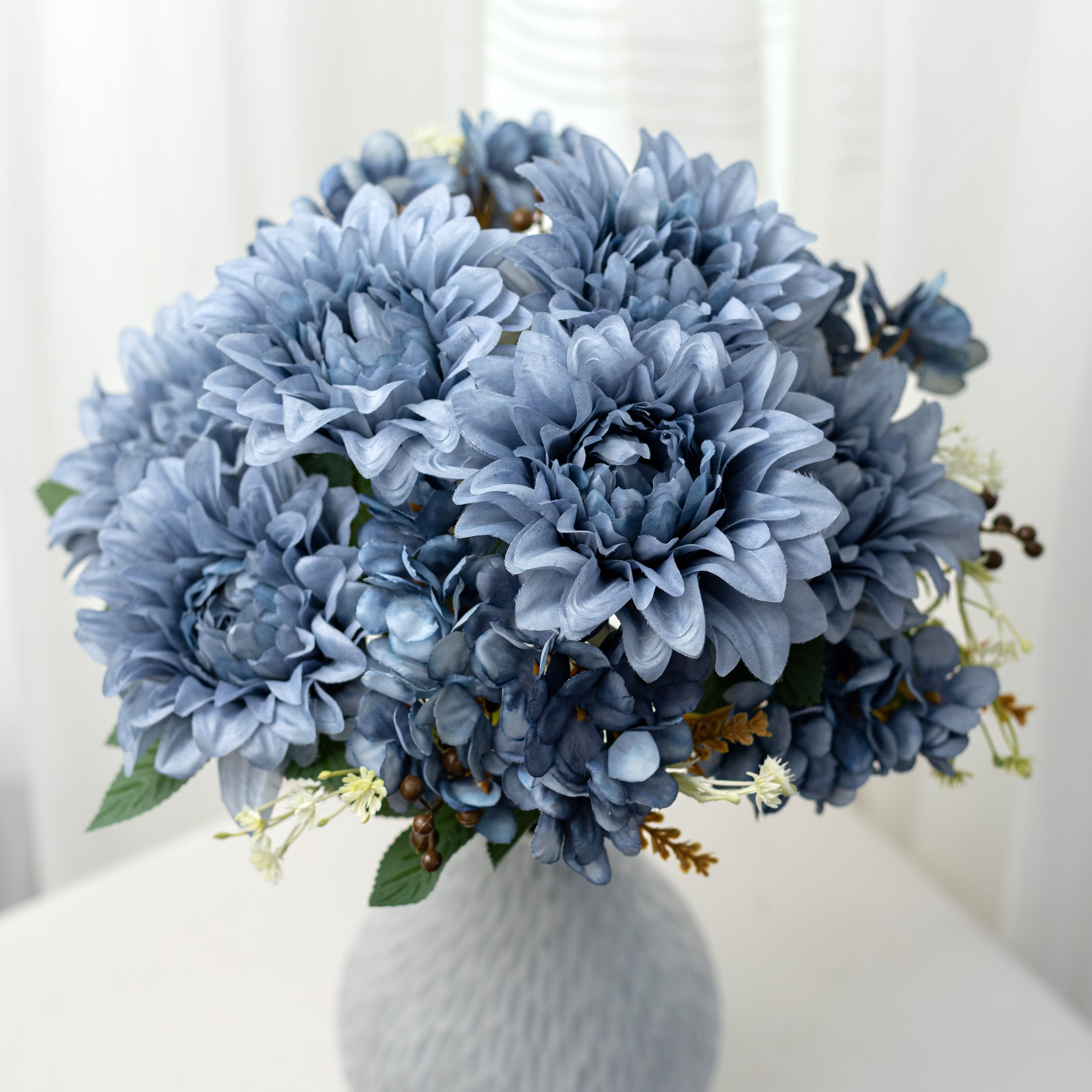 17" Dahlia & Hydrangea Bush: Smoke Blue (9 Stem) Item Number: 57329BL